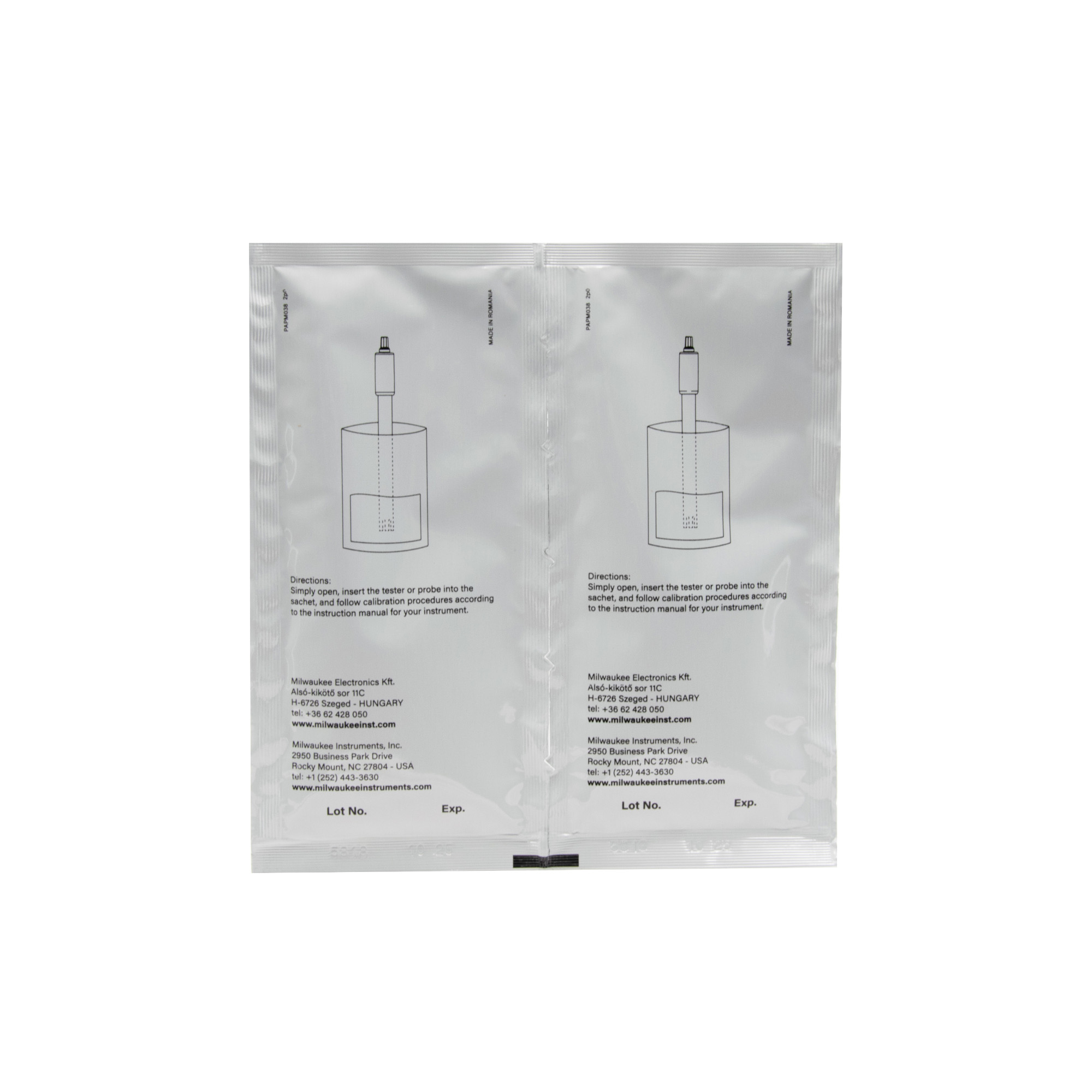 Milwaukee M10038B TDS Kalibrierlösung Beutel Rückseite mit englischer Beschriftung, 25 Portionsbeutel, Gebrauchshinweise und Produktdetails sichtbar