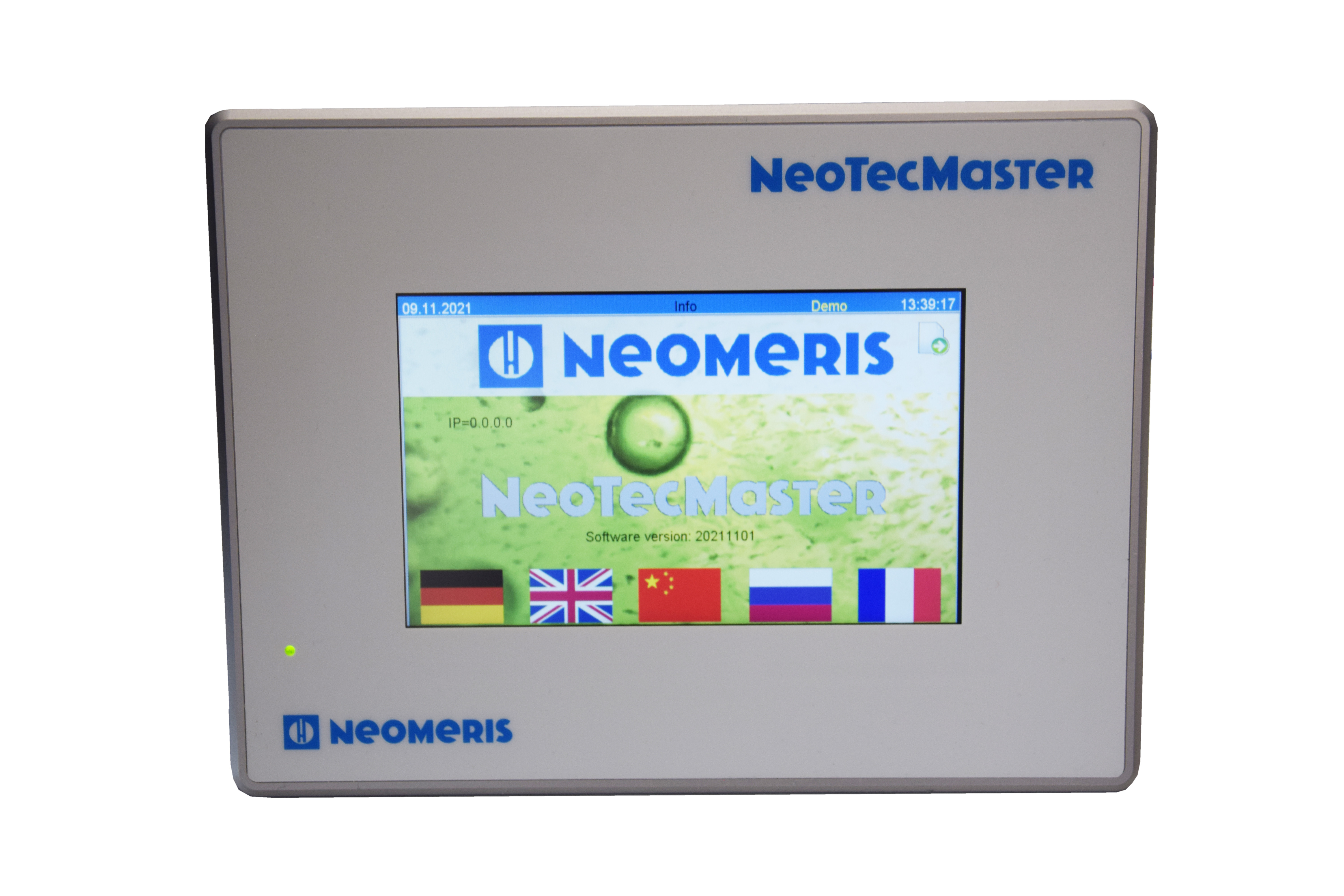NeoTecMaster® - 5 Zoll, Frontansicht, Startdisplay, Wasseranalysegerät, einfache Bedienung, modular erweiterbar, Display an, Starbildschirm sichtbar