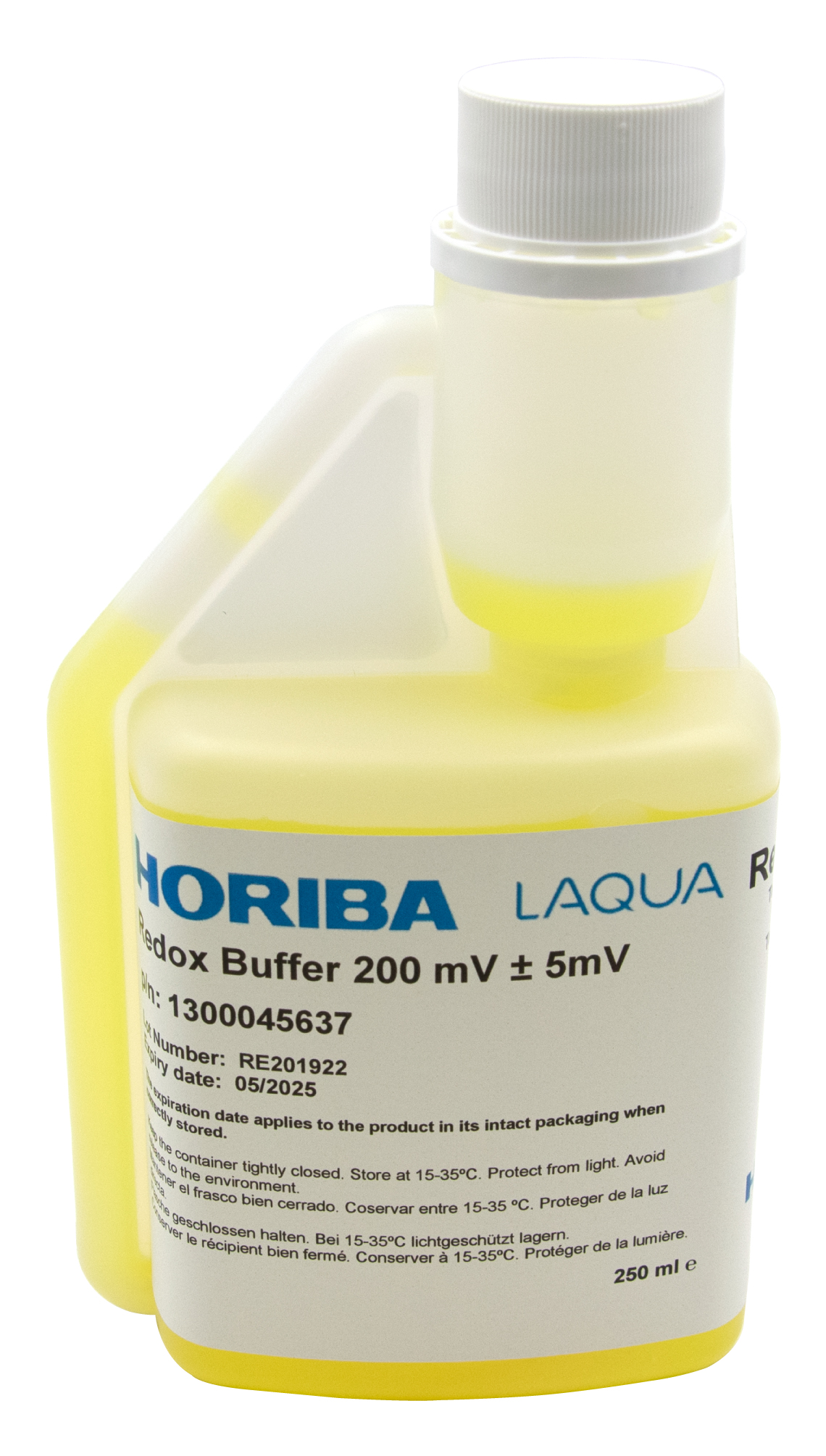 HORIBA Redox 200mV 250ml bottle, front view with label, hygienic dispensing feature, calibration solution for redox electrodes, measurement accuracy optimised