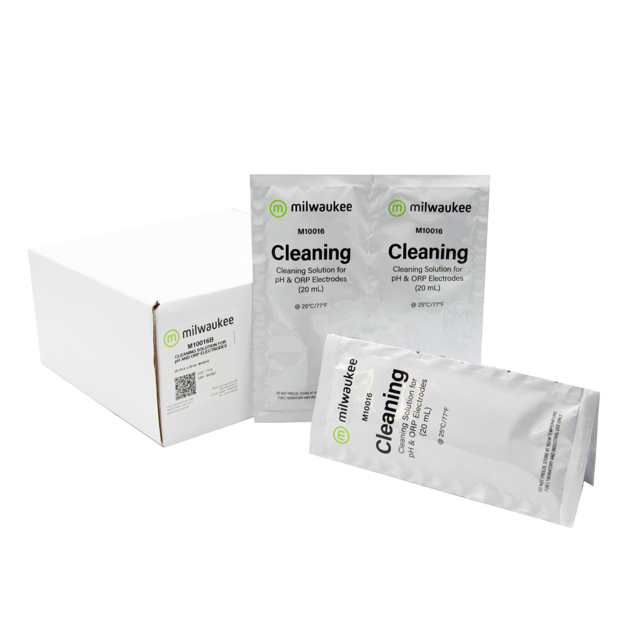 Milwaukee M10016B Elektrodenreinigungslösung Beutel Vorderseite, 25 Beutel á 20 ml, Reinigungslösung für pH-Elektroden, praktische Einzeldosis Beutel, Milwaukee Reinigungslösung für Elektrodenpflege