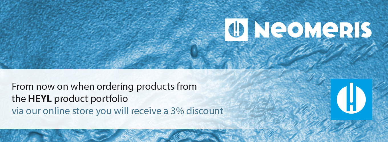 ein HeylNeomeris Banner in blauer Farbe mit Neomeris oben. Unten 3% Online Shop Rabatt