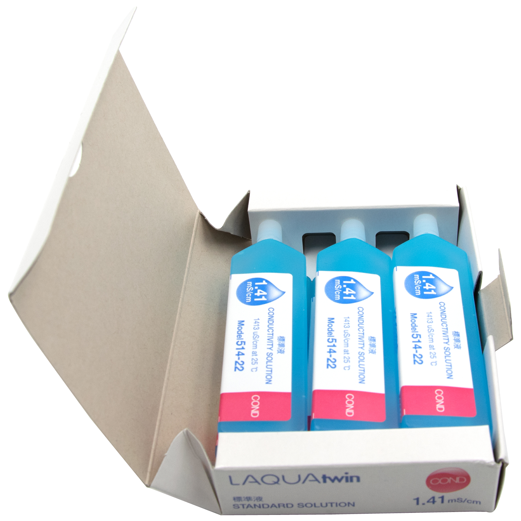 Horiba 1413 μS/cm conductivity standard solution, six open bottles in packaging, calibration solution set, water analysis accessory