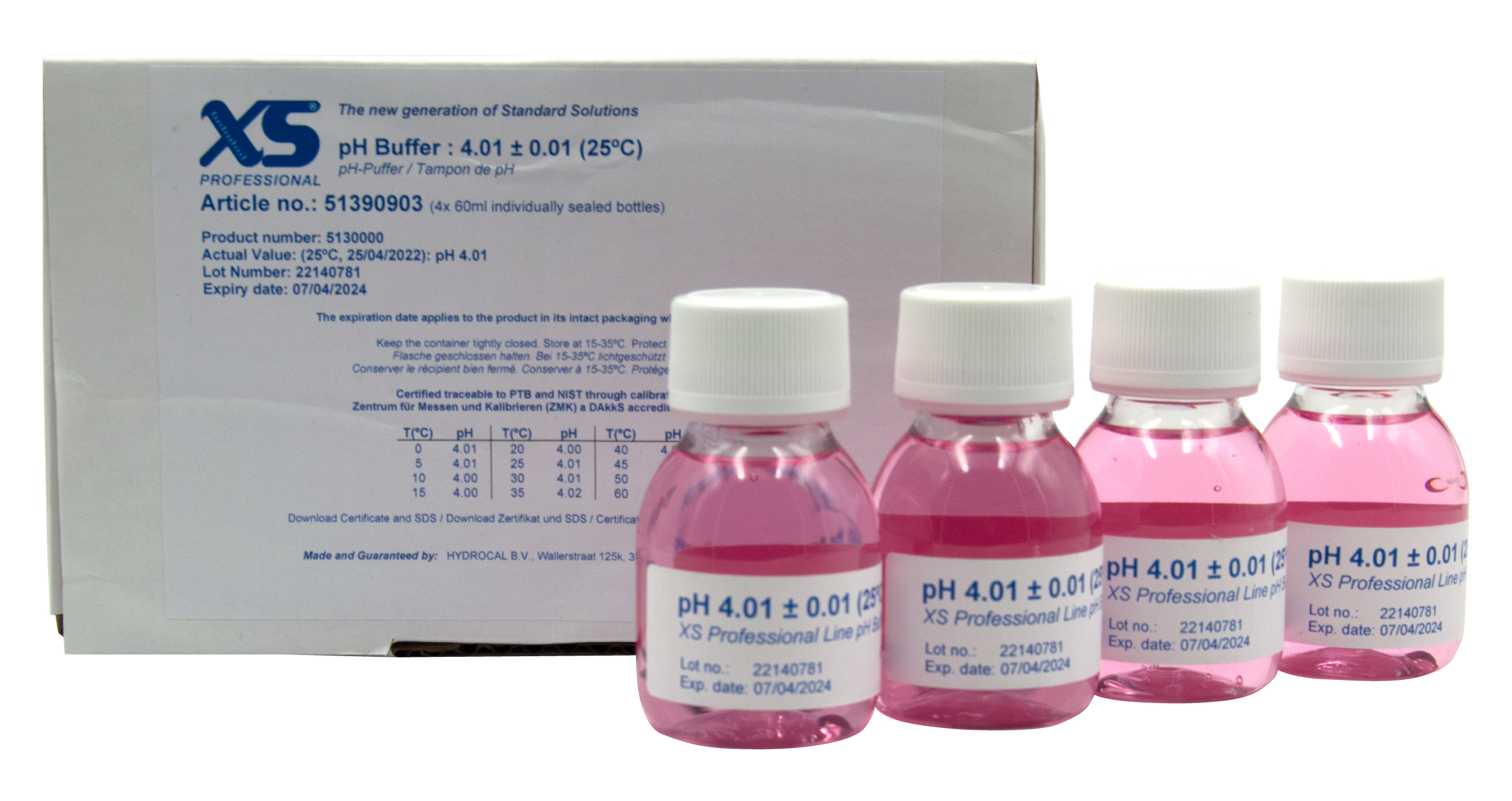 XS Professional pH 4.01 Pufferlösung pink 4x 60ml Flaschen 