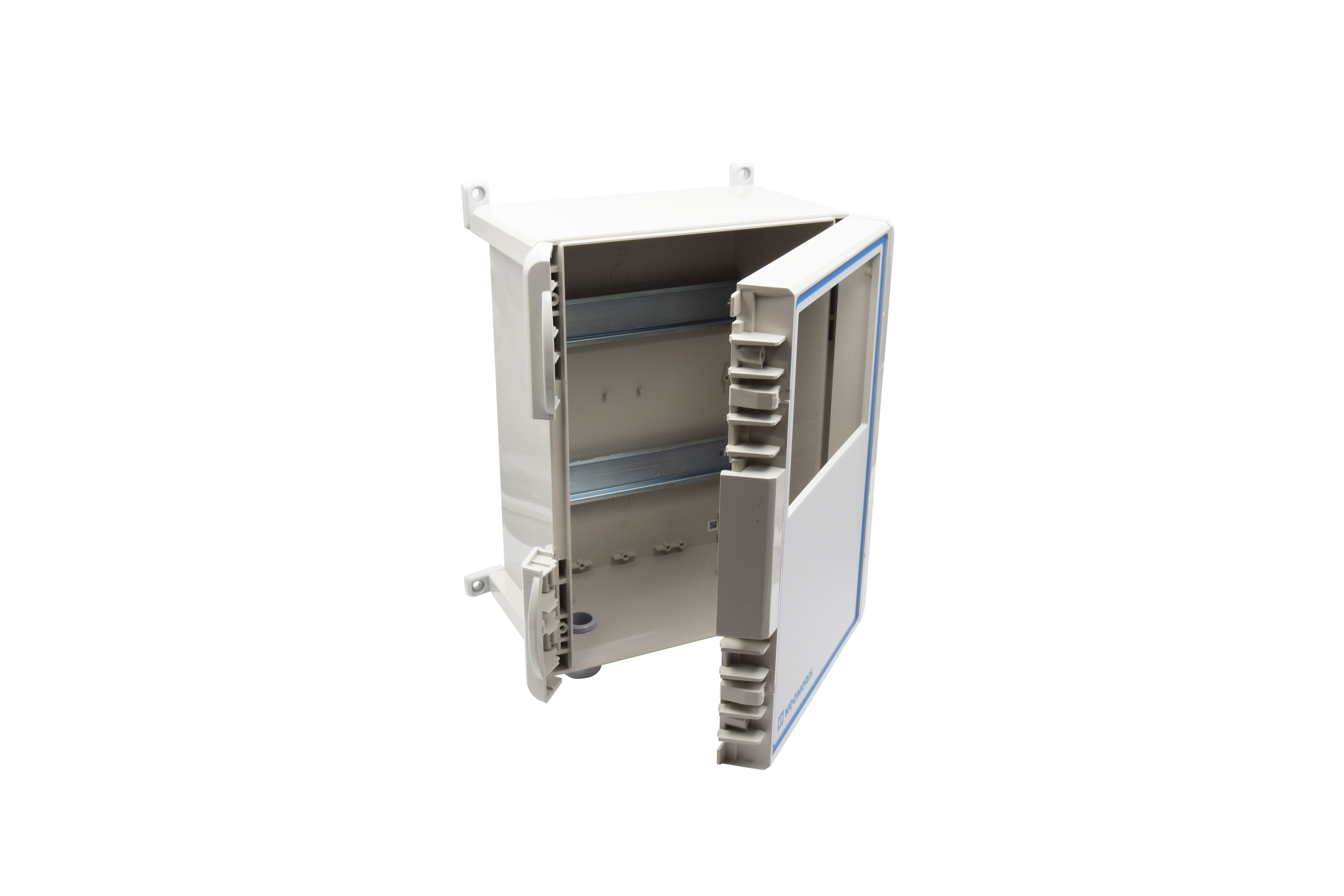 NeoTecMaster Gehäuse IP66 5 Zoll Display offen, lichtgrau, Innenansicht mit PG-Verschraubungen und Modulhalterung