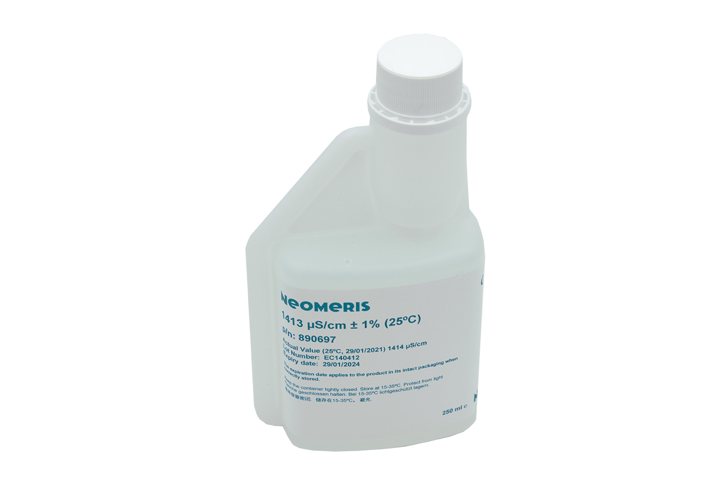 Neomeris Leitfähigkeitskalibrierlösung Leitfähigkeitskalibrierlösung, Frontansicht weiße Kunststoffflasche mit blauem Etikett, 250 ml, Hygieneverschluss, Kalibrierlösung für Elektroden