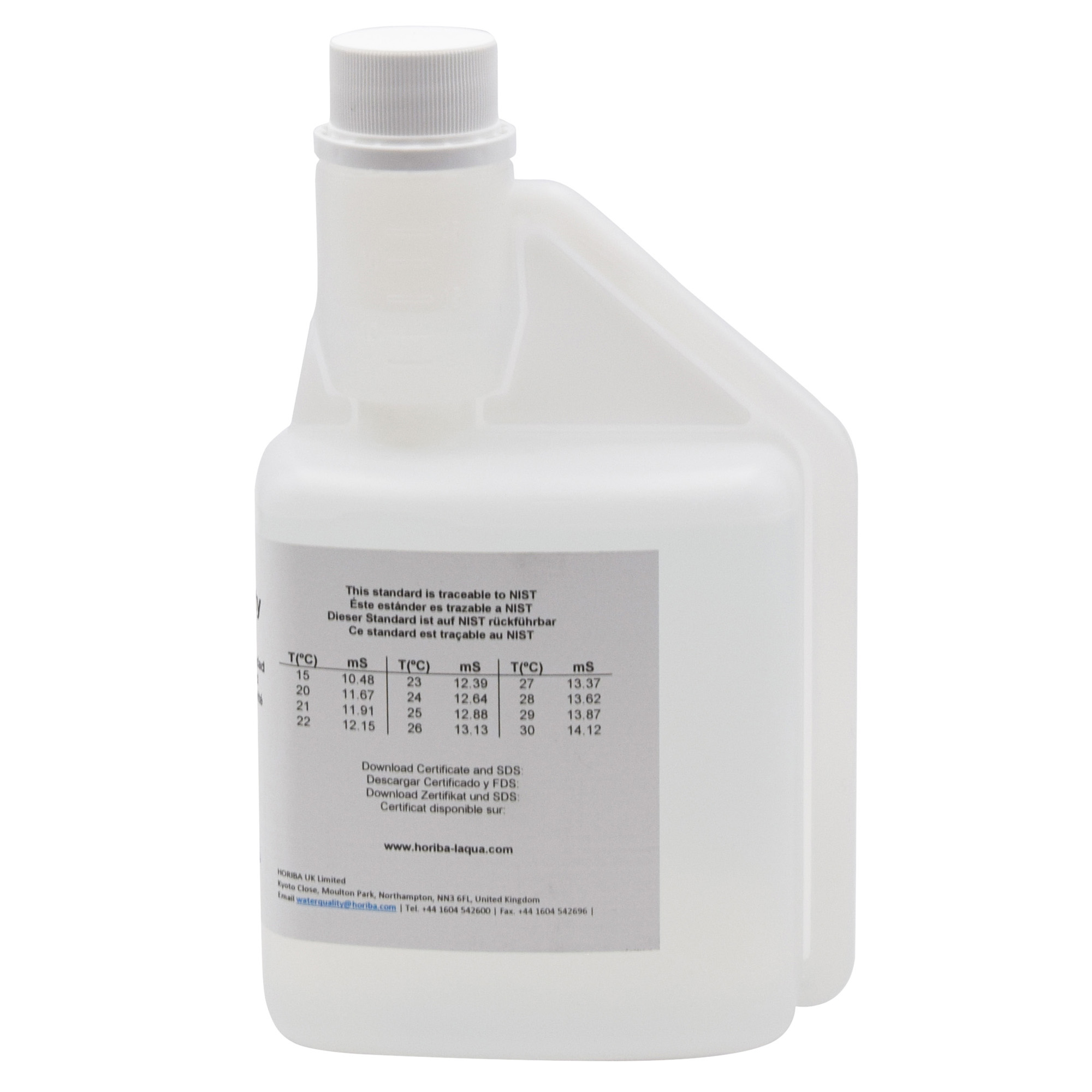 HORIBA 500 ml conductivity calibration solution 12.88 mS/cm – bottle with hygiene protection cap, rear view with temperature values visible.