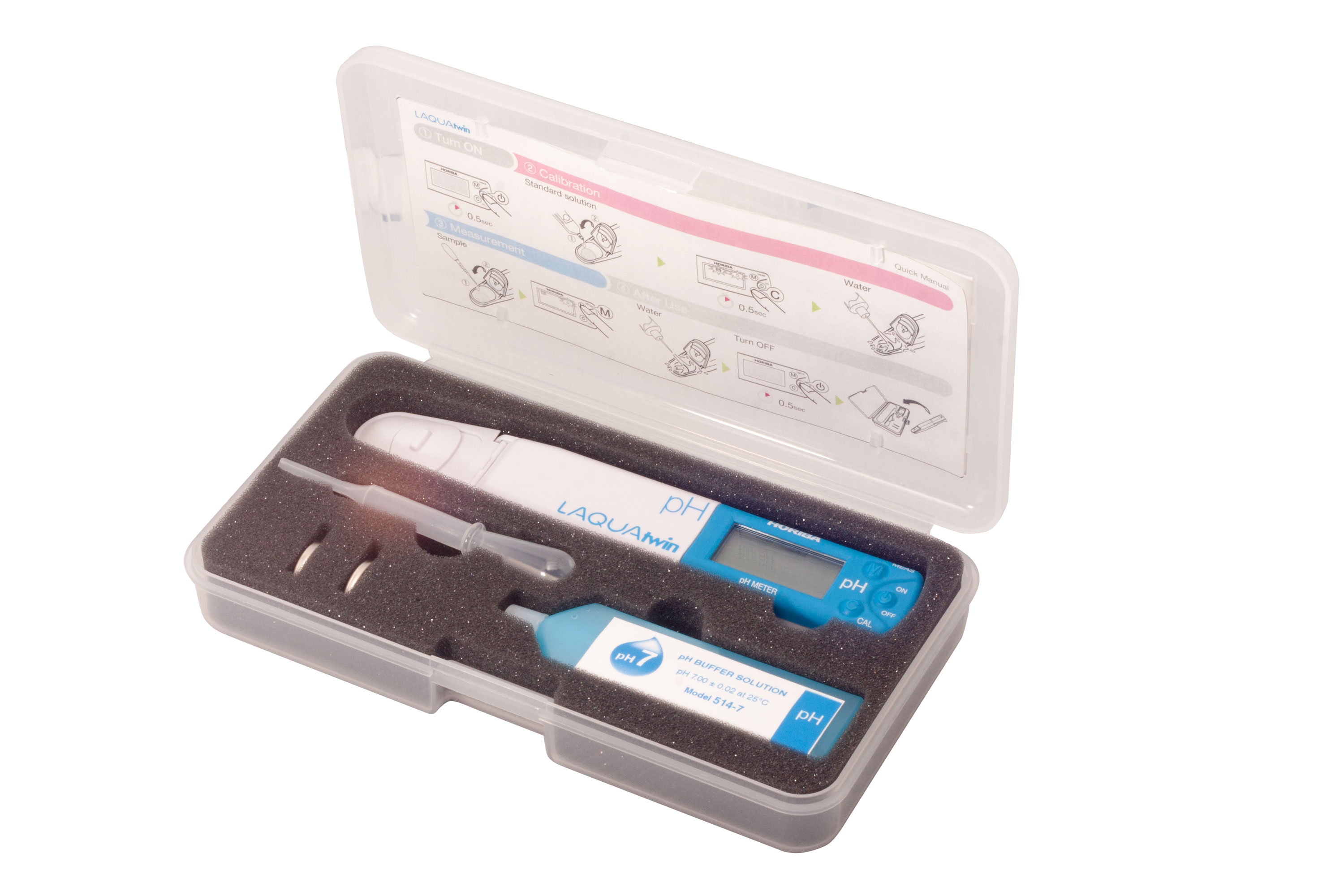 Horiba LAQUAtwin pH-22 im geöffneten Koffer, Komplettset sichtbar