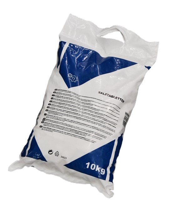 1 Palette Salztabletten (100x 10kg), EN 973 A, Produktabbildung ein Sack Salztabletten 10 kg, seitliche Darstellung der Verpackung, Produktinformationen in verschiedenen Sprachen auf dem Sack gedruckt.