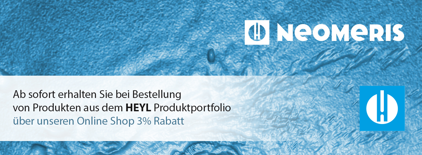ein HeylNeomeris Banner in blauer Farbe mit Neomeris oben. Unten 3% Online Shop Rabatt
