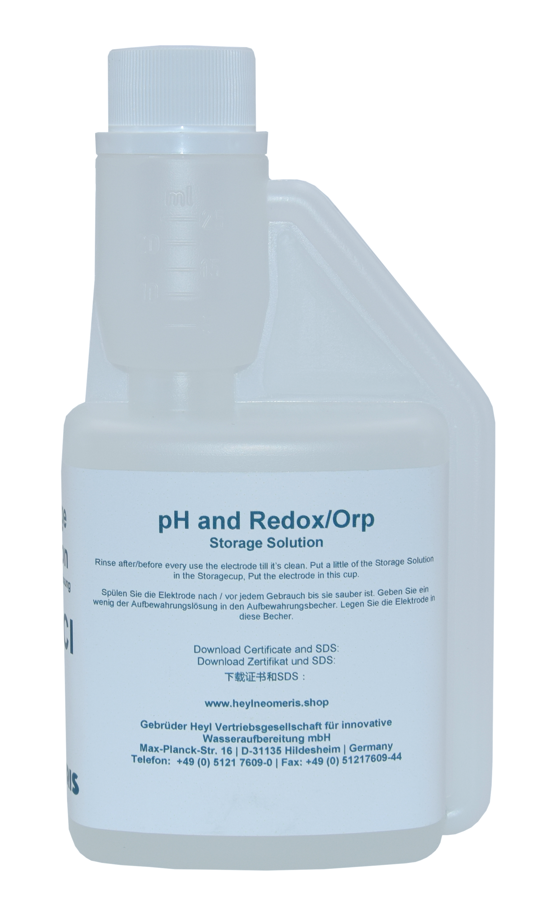 Aufbewahrungslösung für pH und Redox Elektroden, Flasche mit hygienischem Verschluss und Warnhinweisen