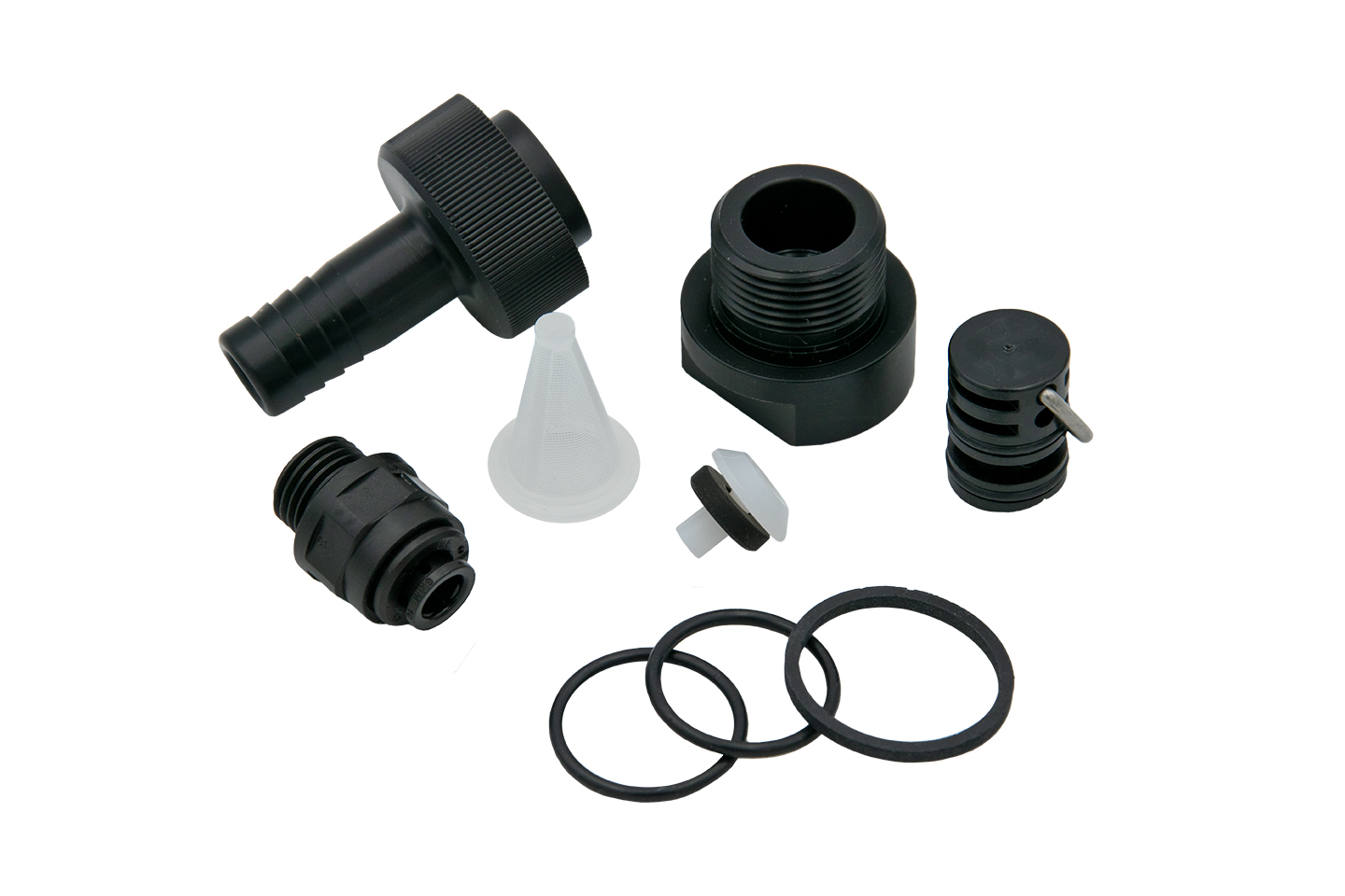 Service set for regulator filter holder, includes inlet connection, outlet connection, flow regulator core, O-ring, filter screen for inlet, flat seal, screw-in connector and a regulator plug, front view with all individual parts