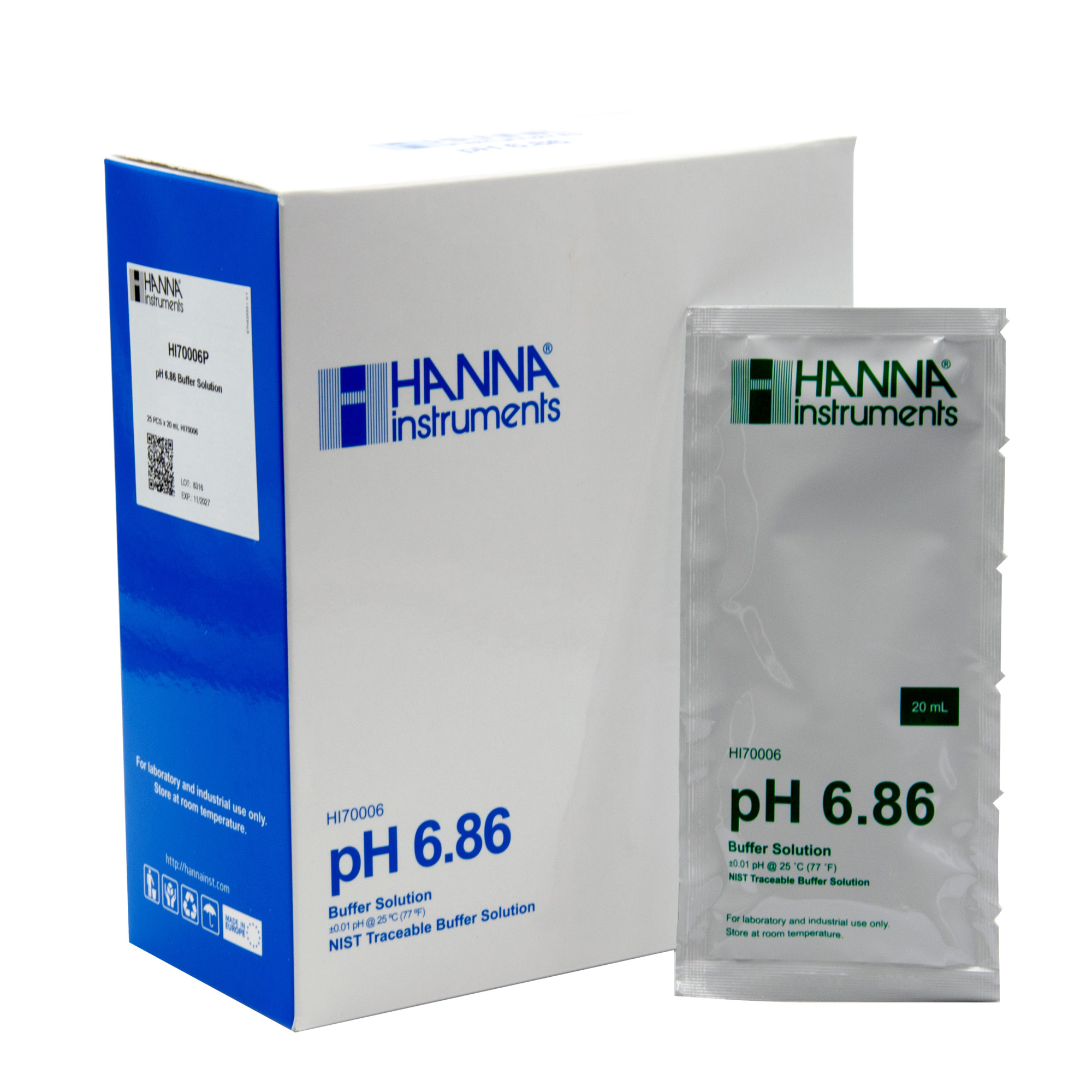 HANNA buffer solution pH 6.86 bag in front with packaging carton in the background