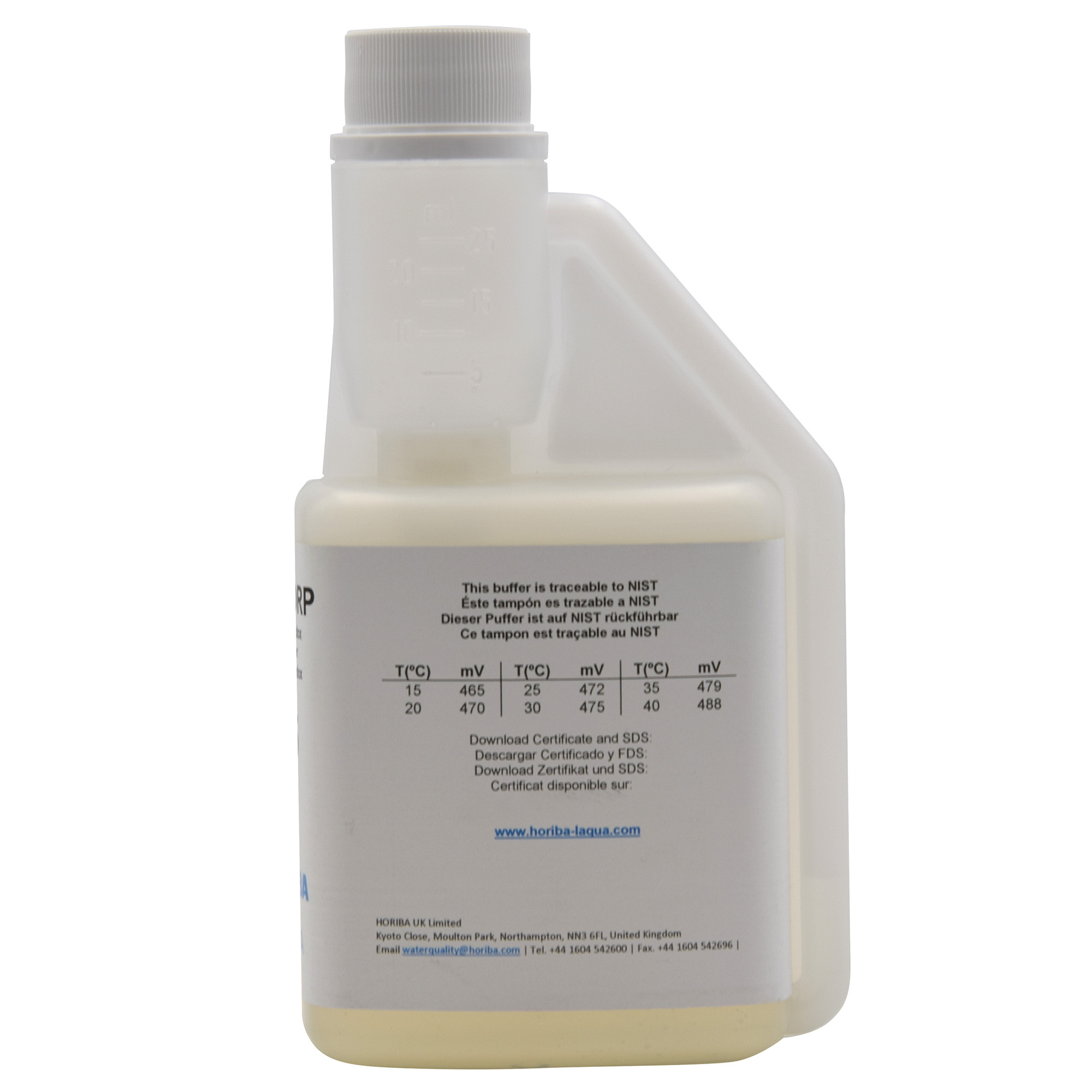 HORIBA Redox 475mV calibration solution, back of bottle showing temperature and corresponding pH value, hygiene cap, 250ml