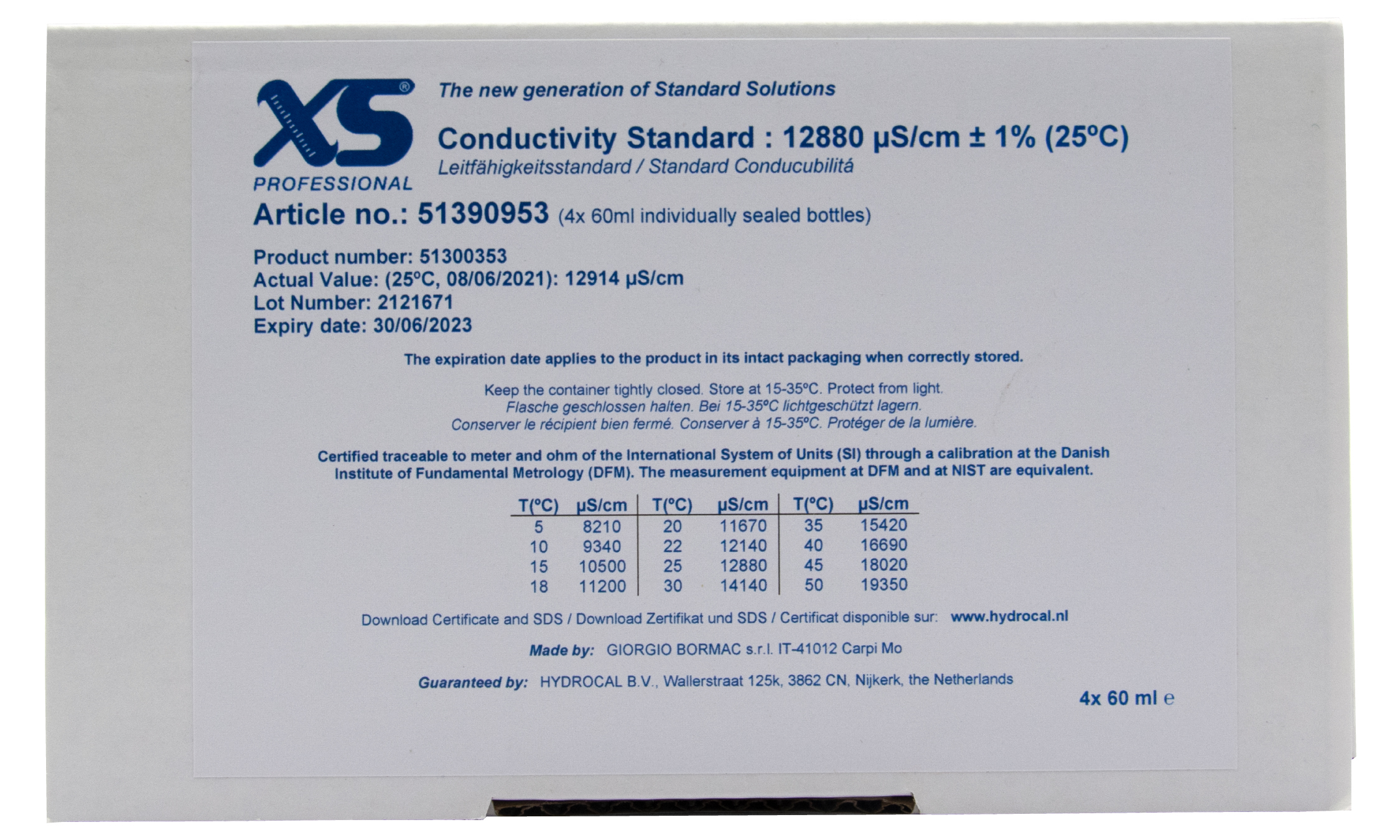 XS Professional 12880µS/cm - 4x 60ml Leitfähigkeitskalibrierlösung Datenblatt