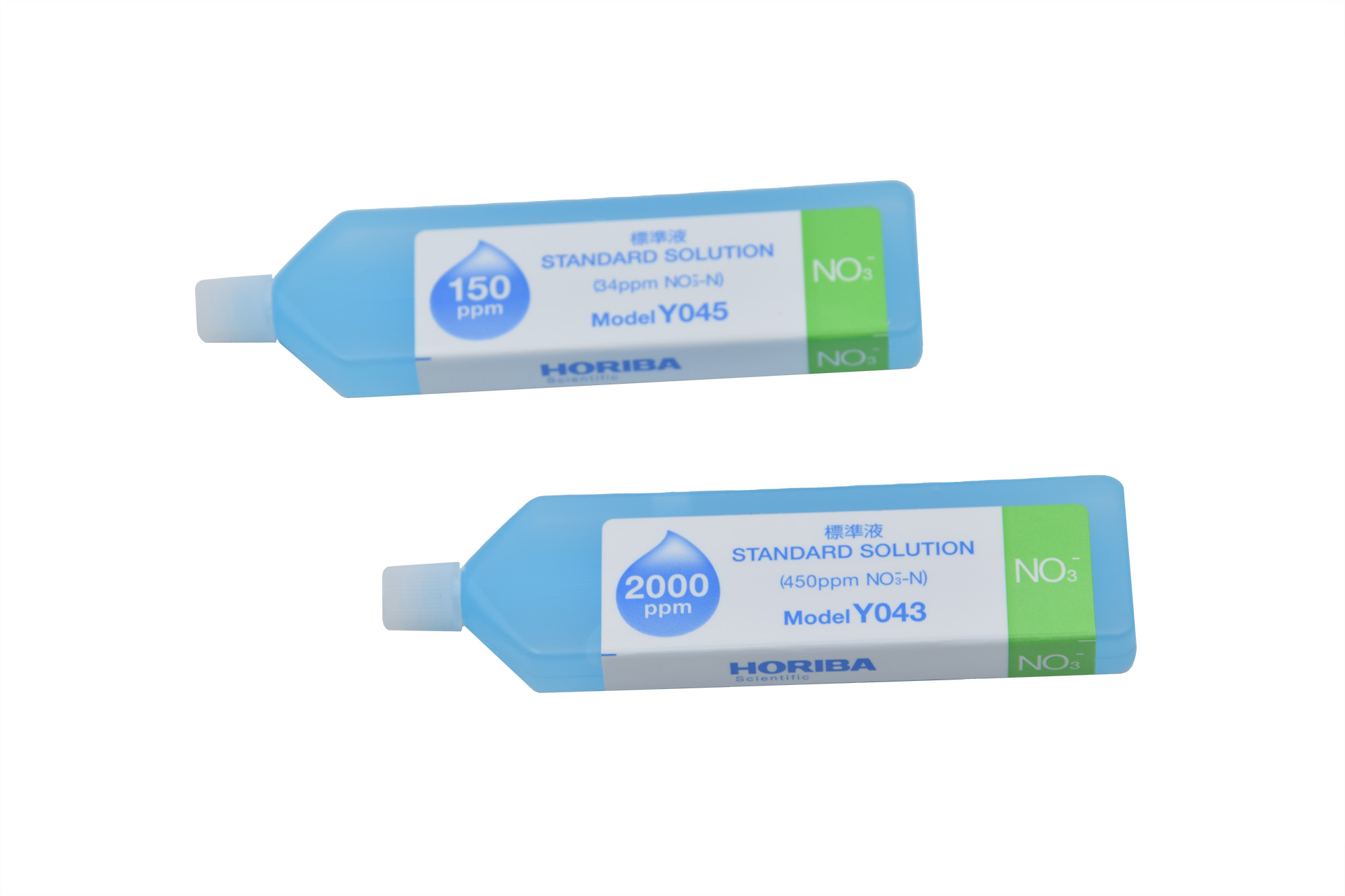 Close-up of Horiba 150ppm (Y045) and Horiba 2000ppm Nitrate Ion Standard Solution (Y043) for Horiba LAQUAtwin Nitrate Ion (NO₃⁻) Tester