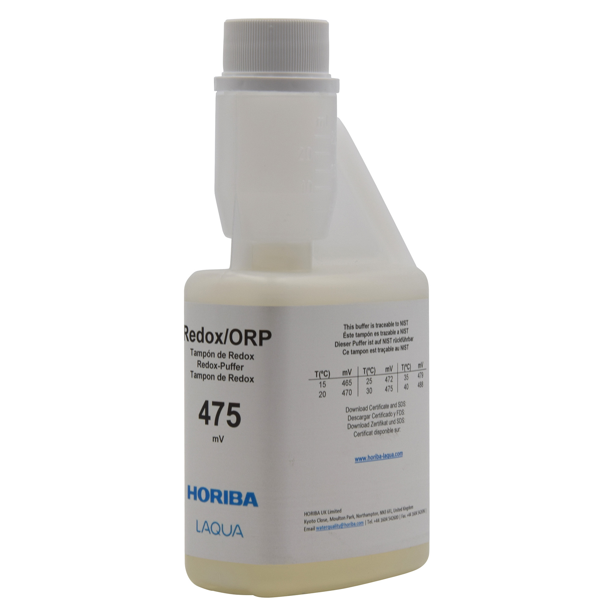 HORIBA Redox 475mV buffer solution bottle, front view with label, 250ml hygiene bottle, calibration solution, contamination-free dispensing