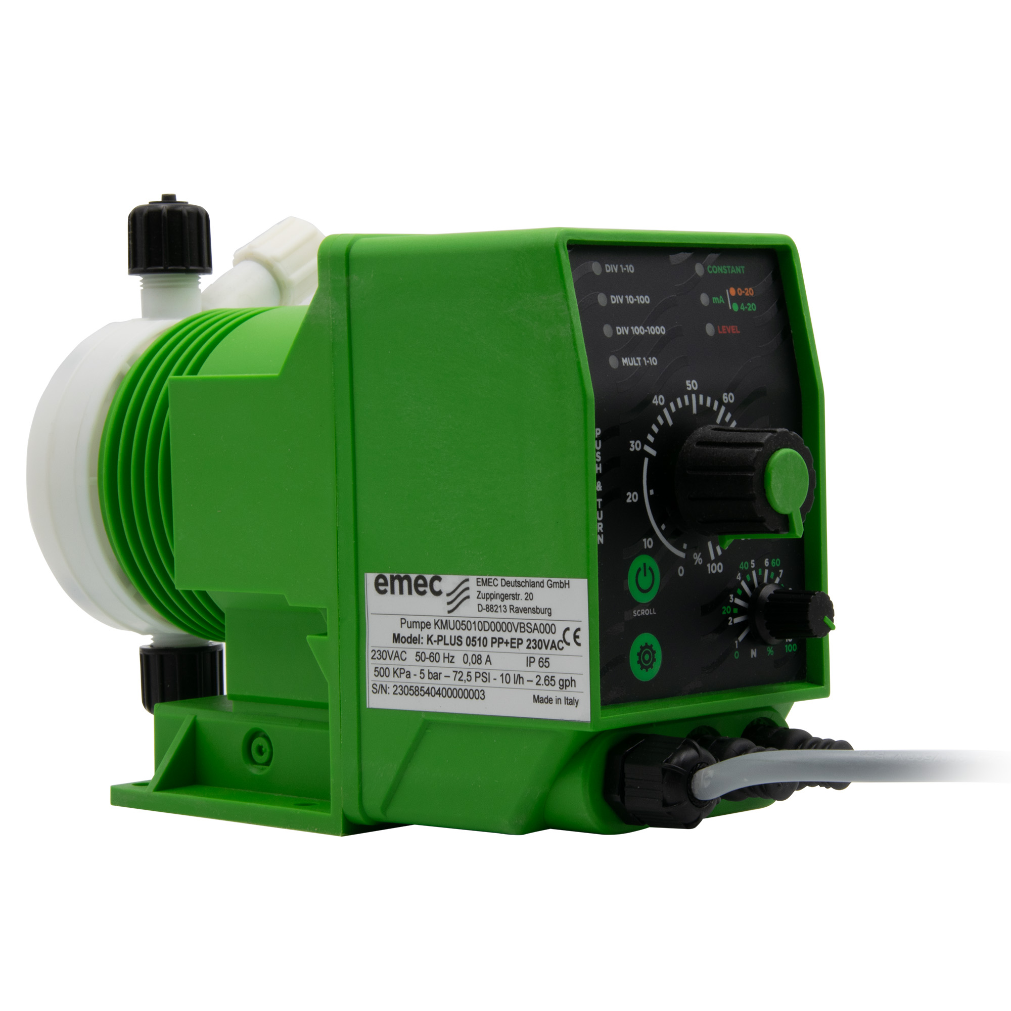 emec K Plus dosing pump left side view green-black housing, adjustment knobs visible