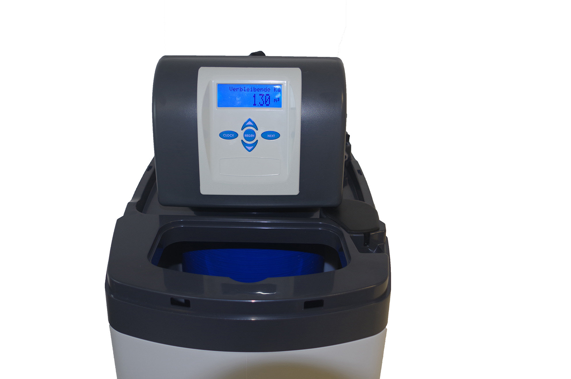 Nahaufnahme des Bildschirms ohne Deckel, bildschirm ist an und leuchtet blau, Kabinettenthärtungsanlage, KTW 60