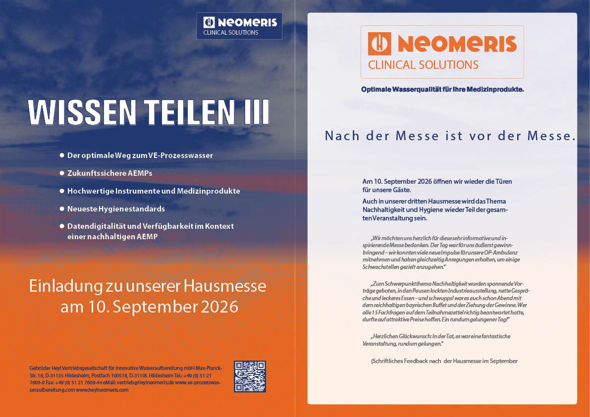 Save the Date Flyer Hausmesse HeylNeomeris Wissen Teilen III am 10.09.2026 - Nachhaltigkeit, Hygiene und Datendigitalität im Umfeld der Sterilgutaufbereitung