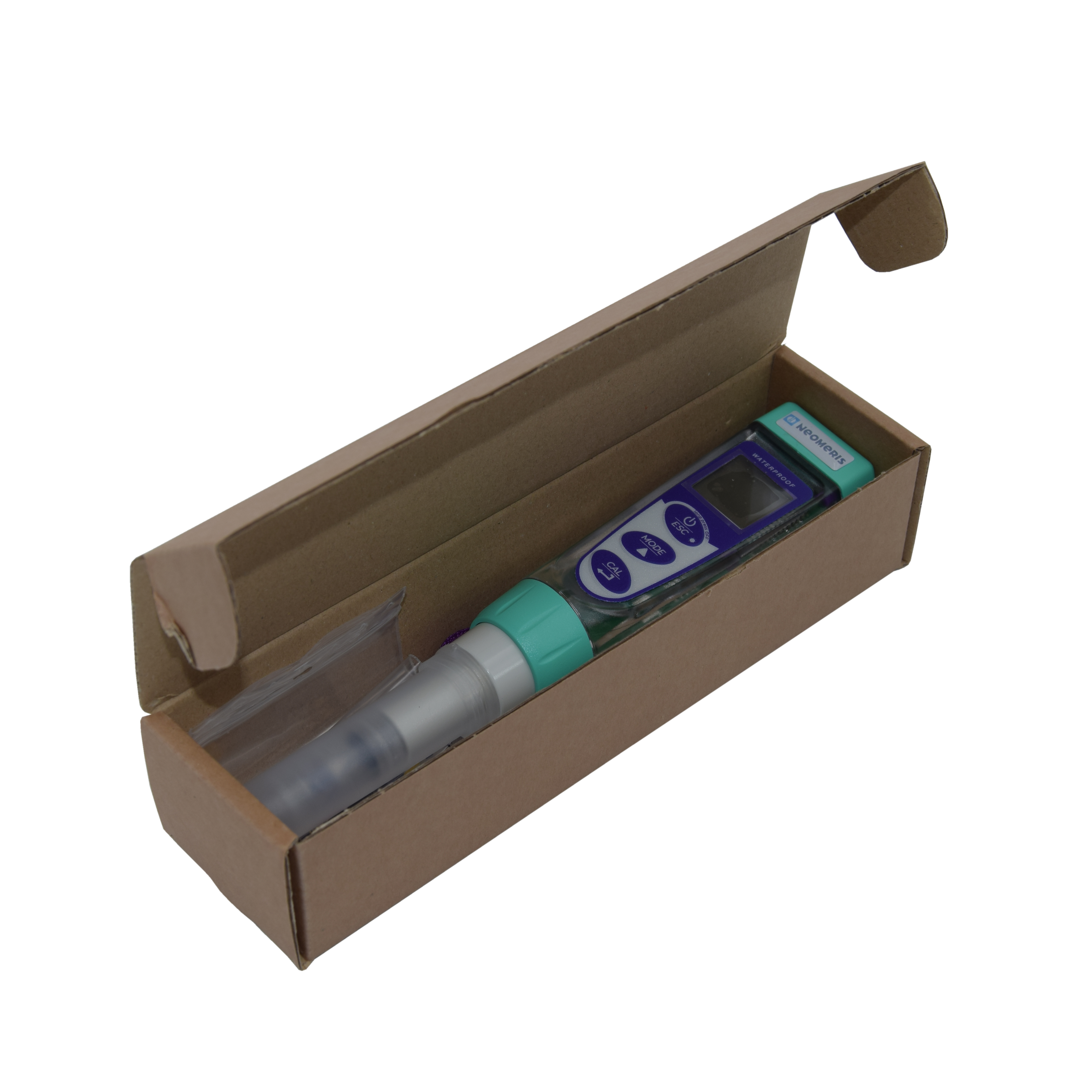 Neomeris PX 4 Tester seitlich im Karton liegend, LCD und Fronttasten, Anzeige Kalibrierungspunkte, handliche Größe