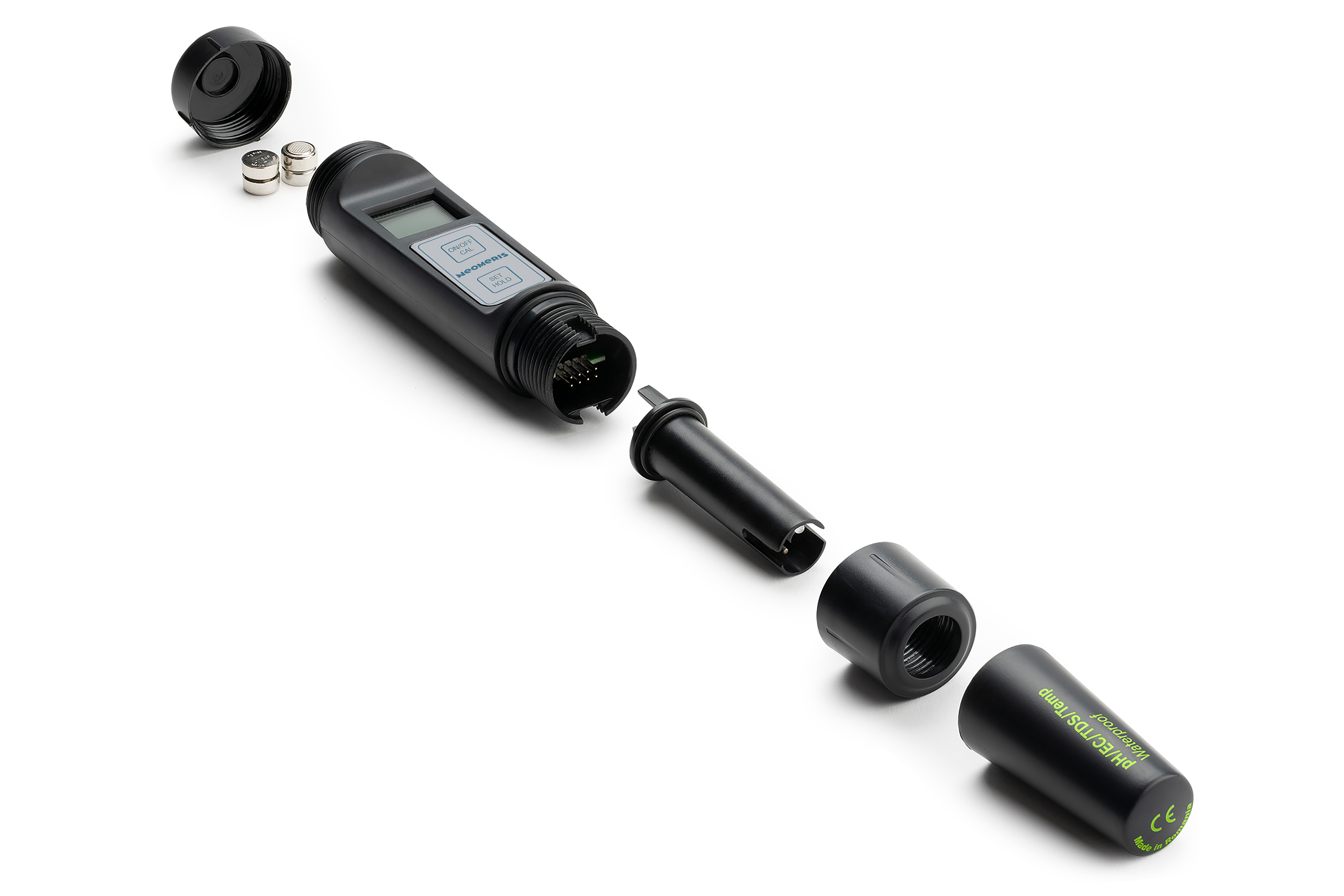 Pocket-Tester zerlegt in Gehäusehälften und Elektrode, Einzelelemente deutlich zu erkennen