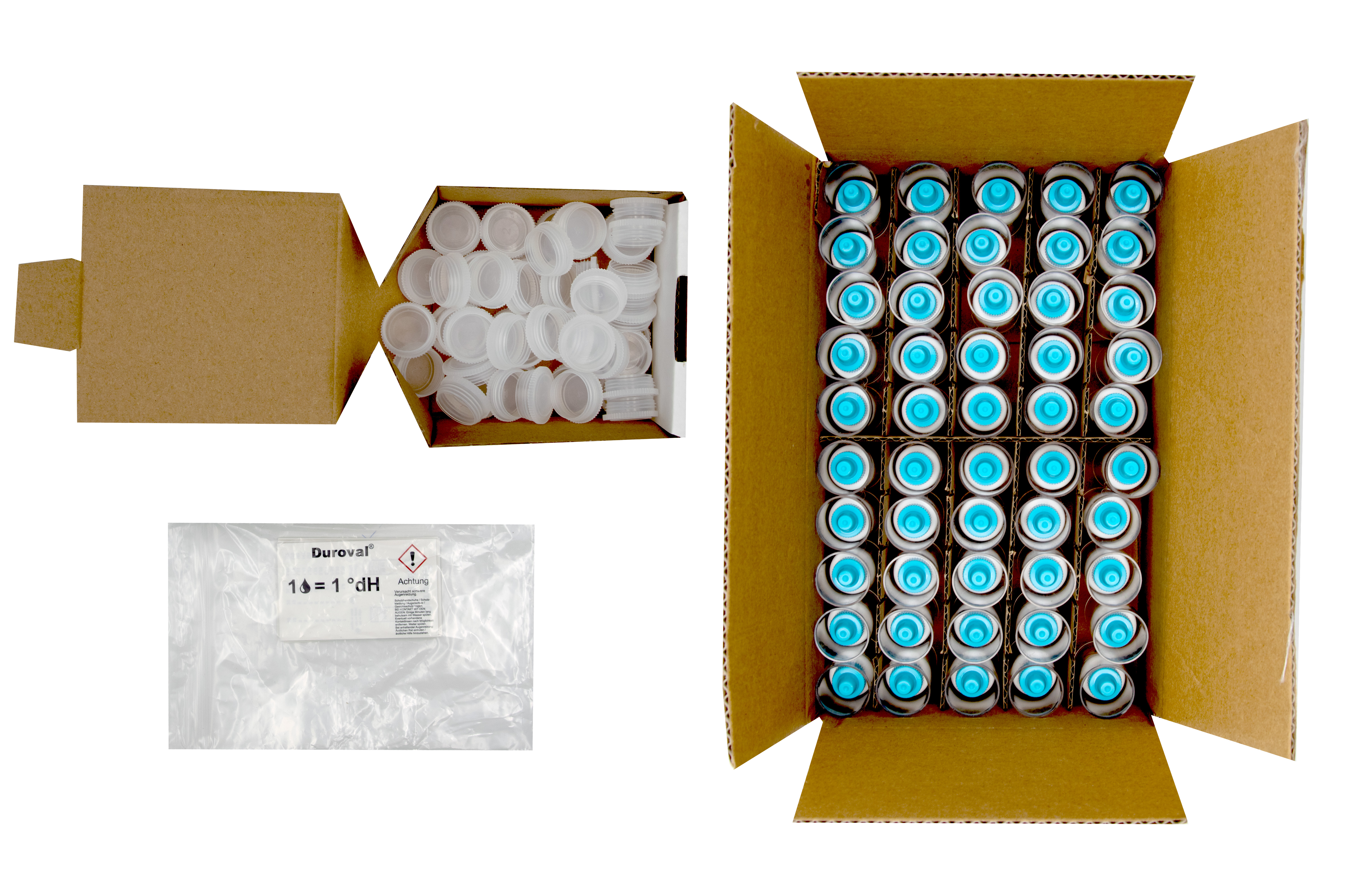 DUROVAL® 1 drop = 1 °dH Drop Count Titration Test (50 pcs. set in parts without folding box) DUROVAL® 1 Tropfen = 1 °dH Test, Einzel-Bausatz mit 50 Stück ohne Faltschachtel