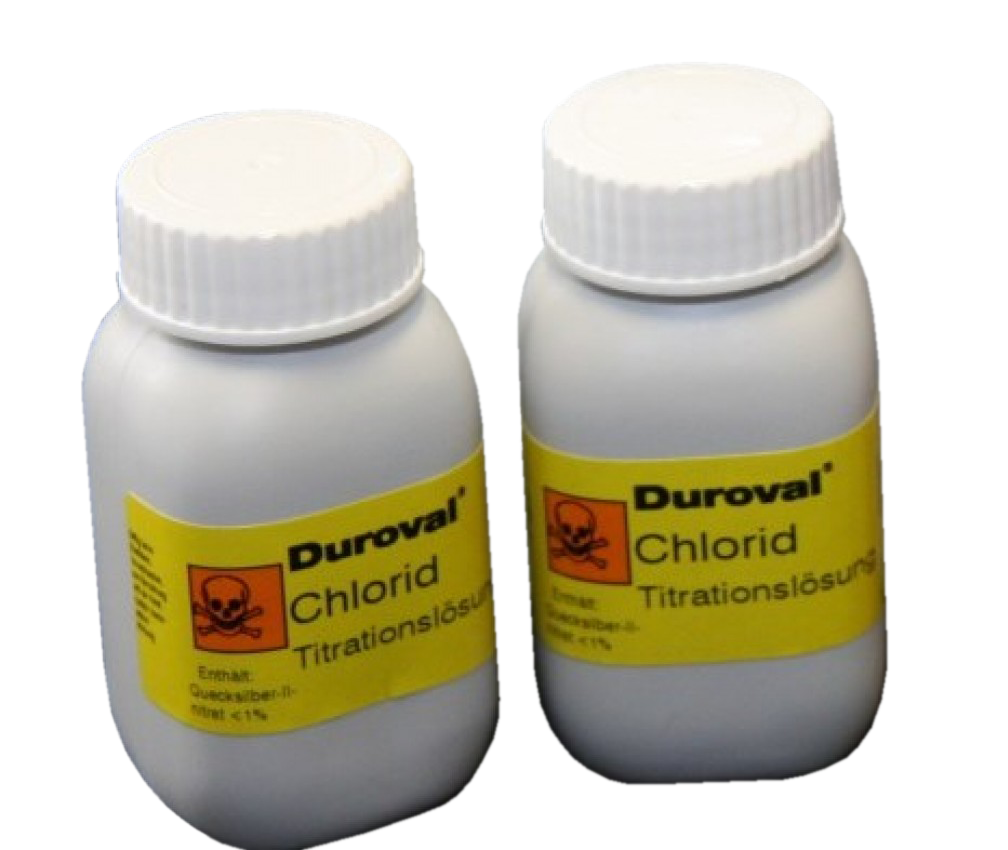 DUROVAL® Chlorid Titrationslösung C Nachfüllpackung DUROVAL Chlorid Titrationslösung C Nachfüllpackung, zwei Flaschen mit je 50 ml, klare Frontansicht