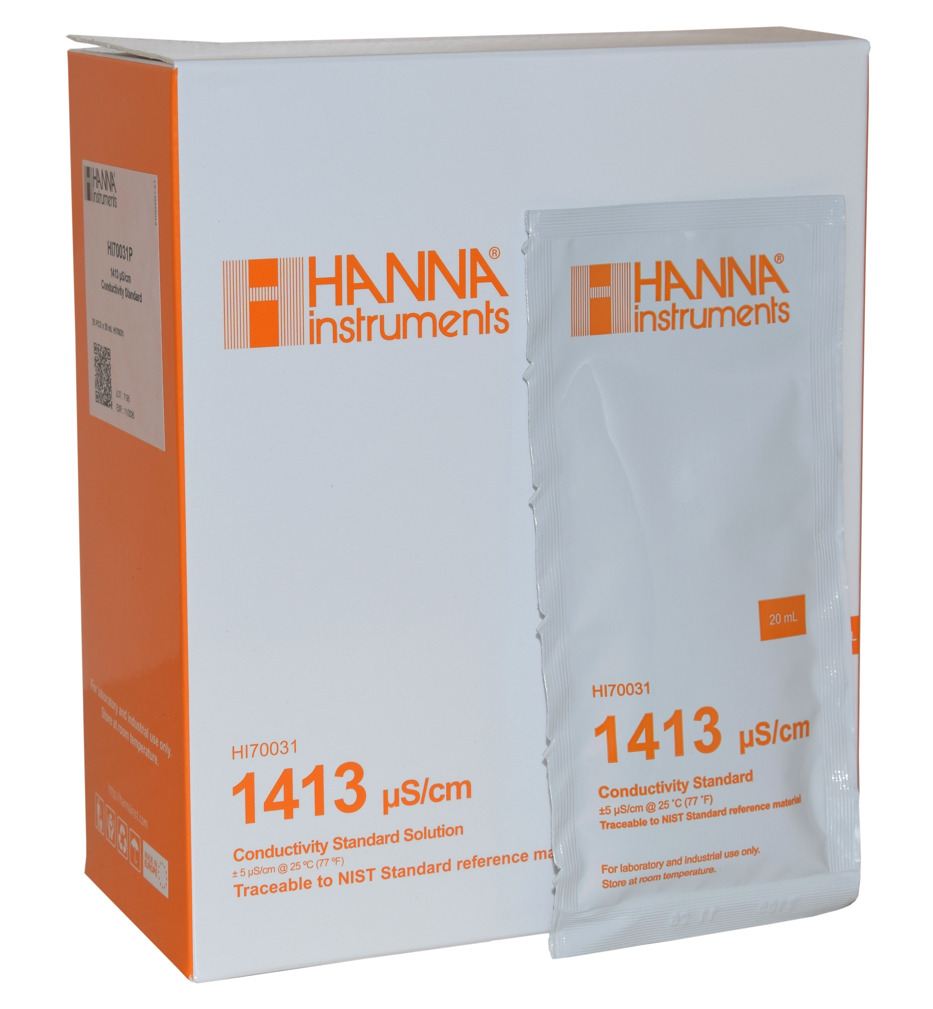 HANNA HI70031P Kalibrierlösung Frontansicht, 20 ml Beutel mit Leitfähigkeitskennzeichnung