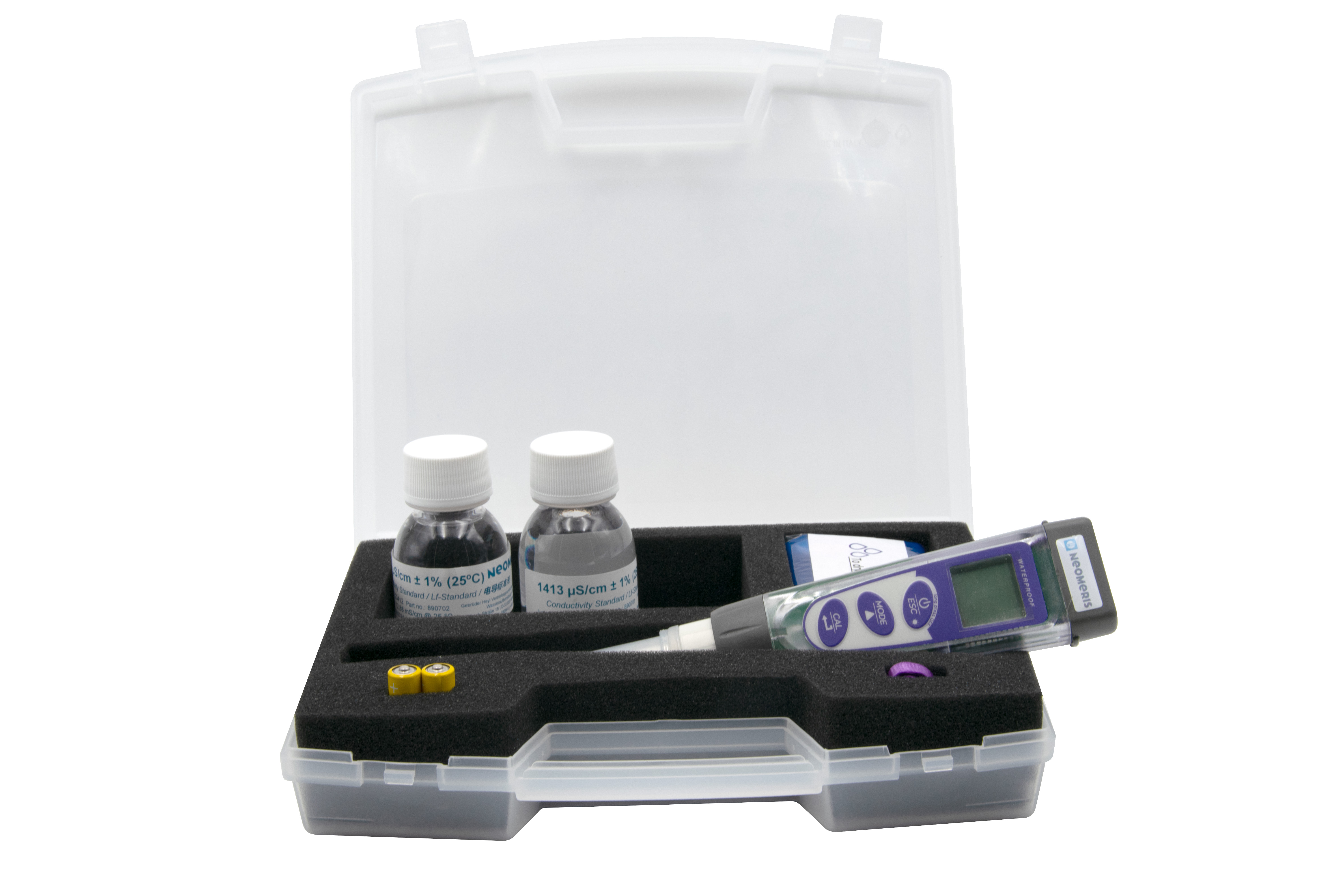 Advanced Leitfähigkeit/TDS/Salzgehalt/Temperatur Pocket-Tester im Messkoffer - Multiparameter Handtester inklusive 70 ml Kalibrier-/Pufferlösung