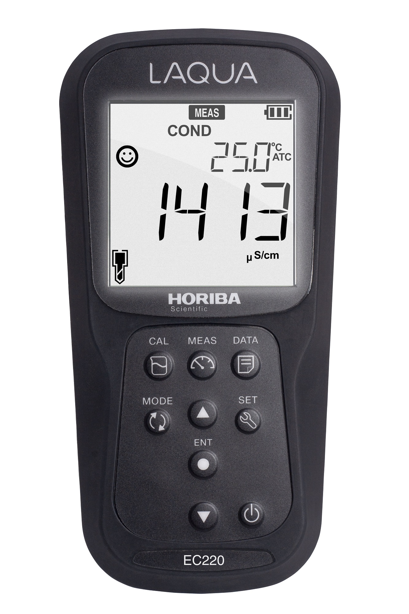 Horiba LAQUA EC220 device in black, display on.