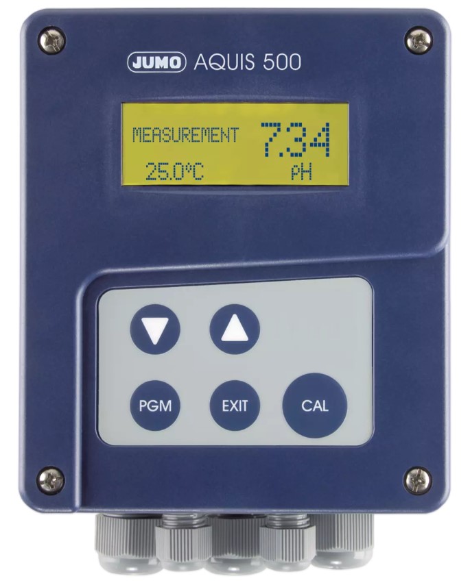 JUMO AQUIS 500 pH - transmitter/controller panel mount, 1x 0(4)-20mA / 0(2) to 10V output + 1x relay output, AC 110 to 240V power supply