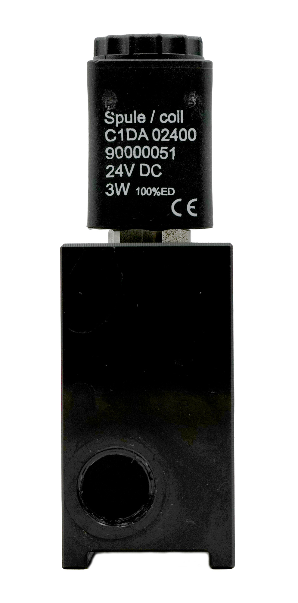 Magnetventil 2-2 Wege, 24 V für Testomat® LIMIT unsere Artikelnummer 40689 Frontalansicht Rückseite Blick auf Auslass