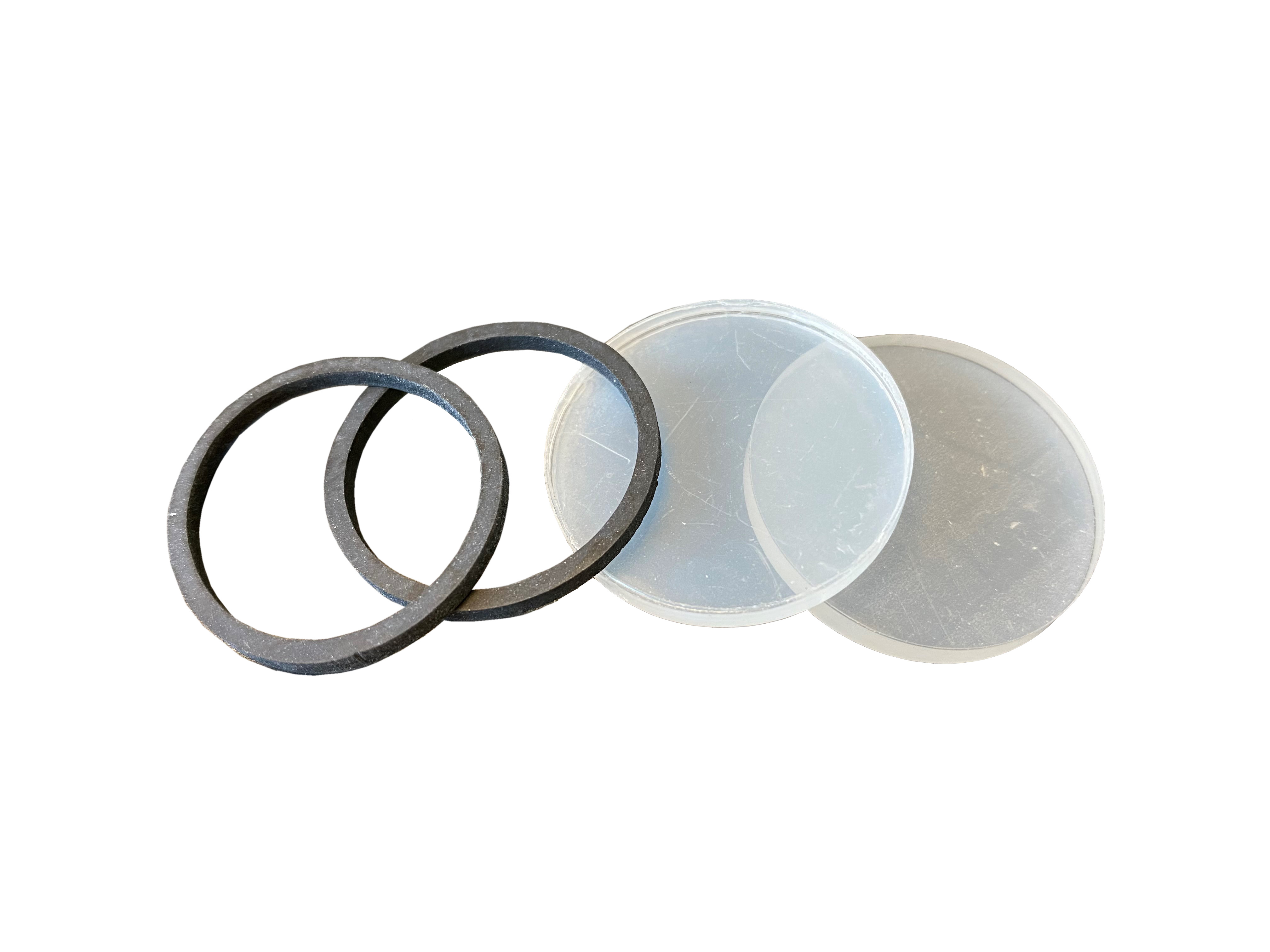 Sichtscheibensatz für SI-haltiges Wasser, Frontansicht, mit Dichtungen, für den Testomat ECO und 2000