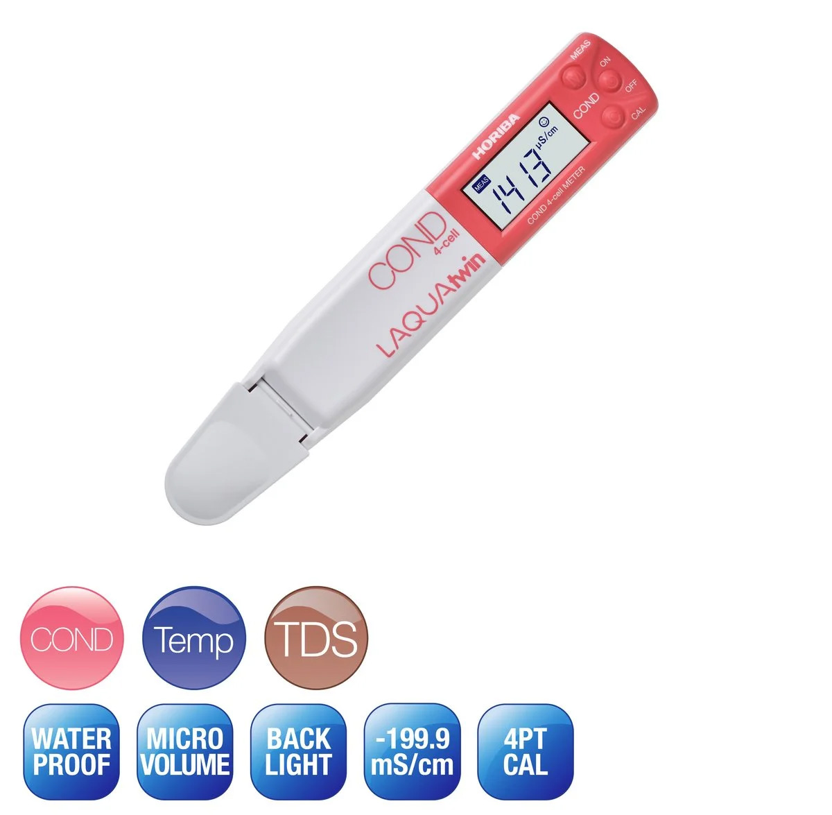 Horiba LAQUAtwin 4EC-33 conductivity tester, our item number 896093. Shown here is the conductivity meter and a list of the product’s features.