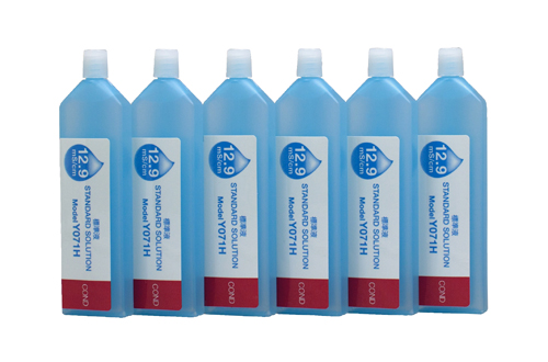 Horiba calibration solution 12.9 mS/cm white bottle with blue cap, front view