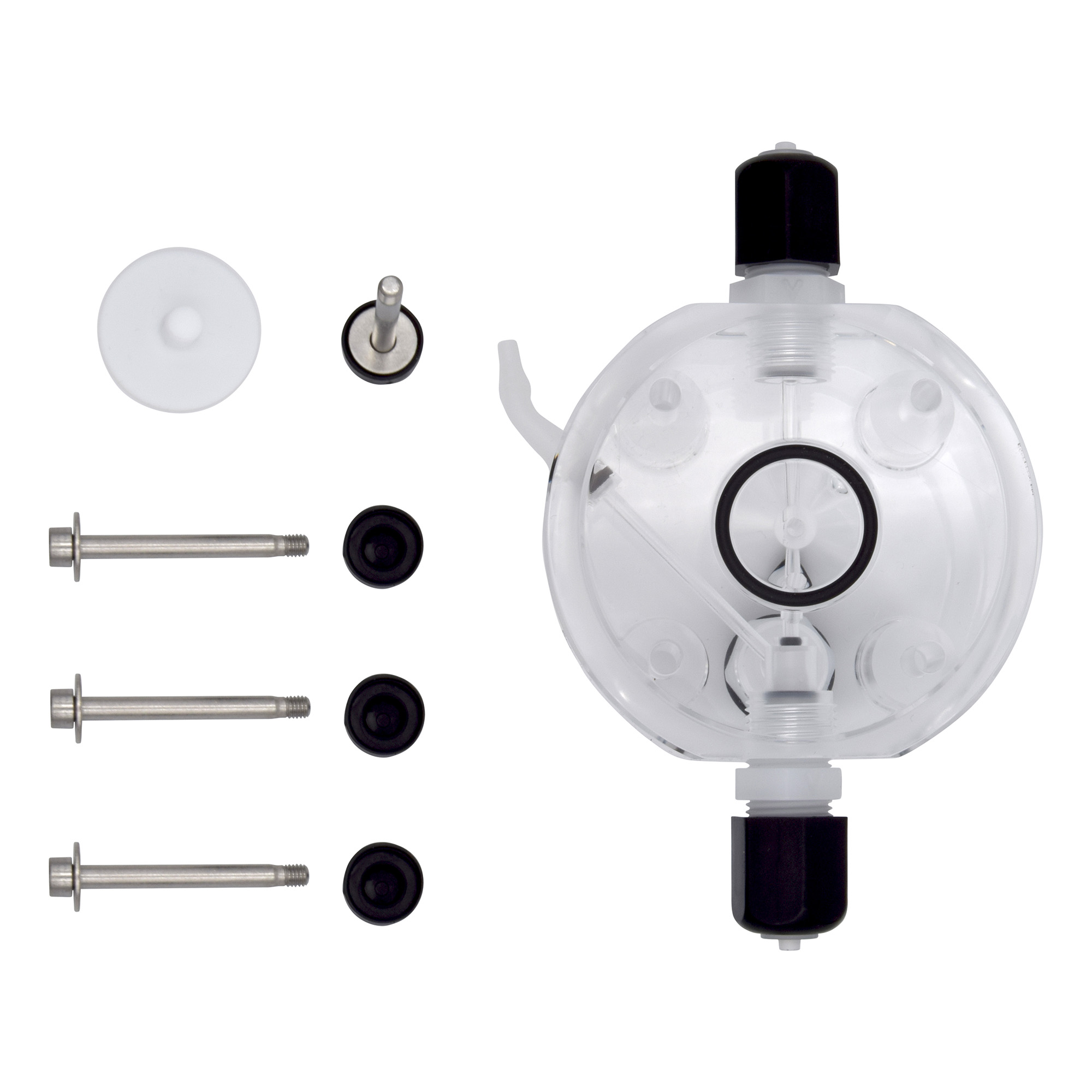 emec PRISMA Service Set L - PMMA pump head, Viton seal and PTFE membrane emec PRISMA Serviceset L, Komplettansicht des PMMA Pumpenkopfs mit Viton Dichtung, PTFE Membrane inkludiert, Wartungsset für Dosierpumpe, hochwertige Materialien