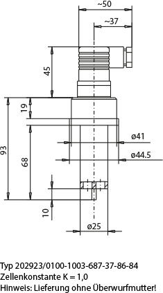 Technical drawing of JUMO ecoLine CR-PVC conductivity sensor with cell constant K = 1.0, Pt100 our article number 800346