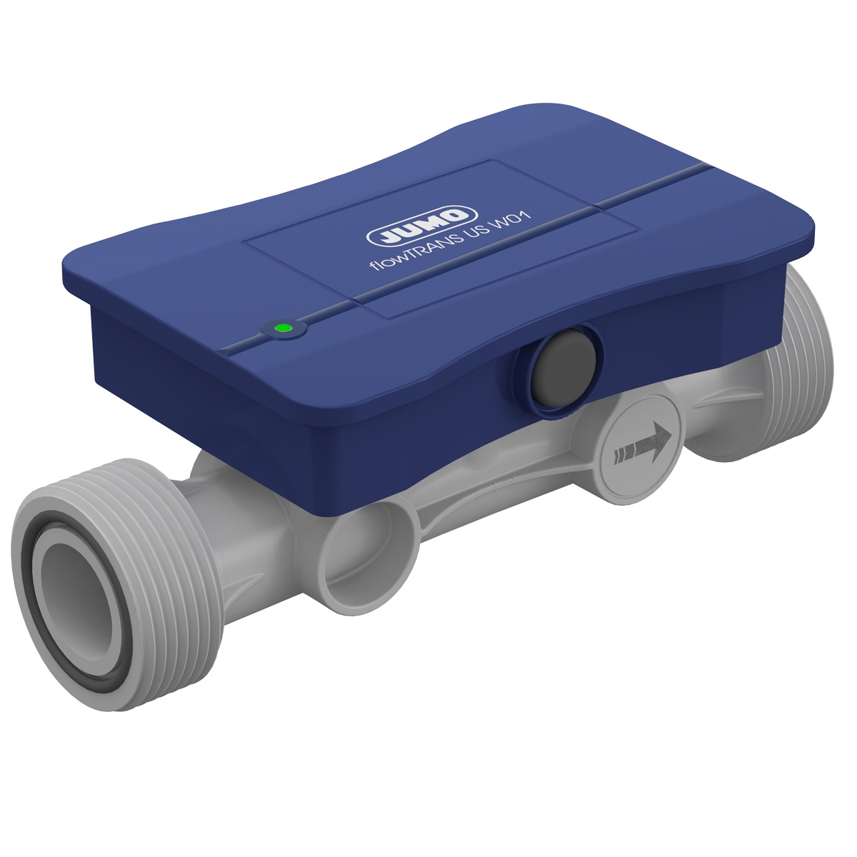 JUMO flowTRANS US W01 Ultraschall-Durchflussmesser DN 20, Frontansicht, integrierter Ultraschallsensor, präzise Durchflussmessung