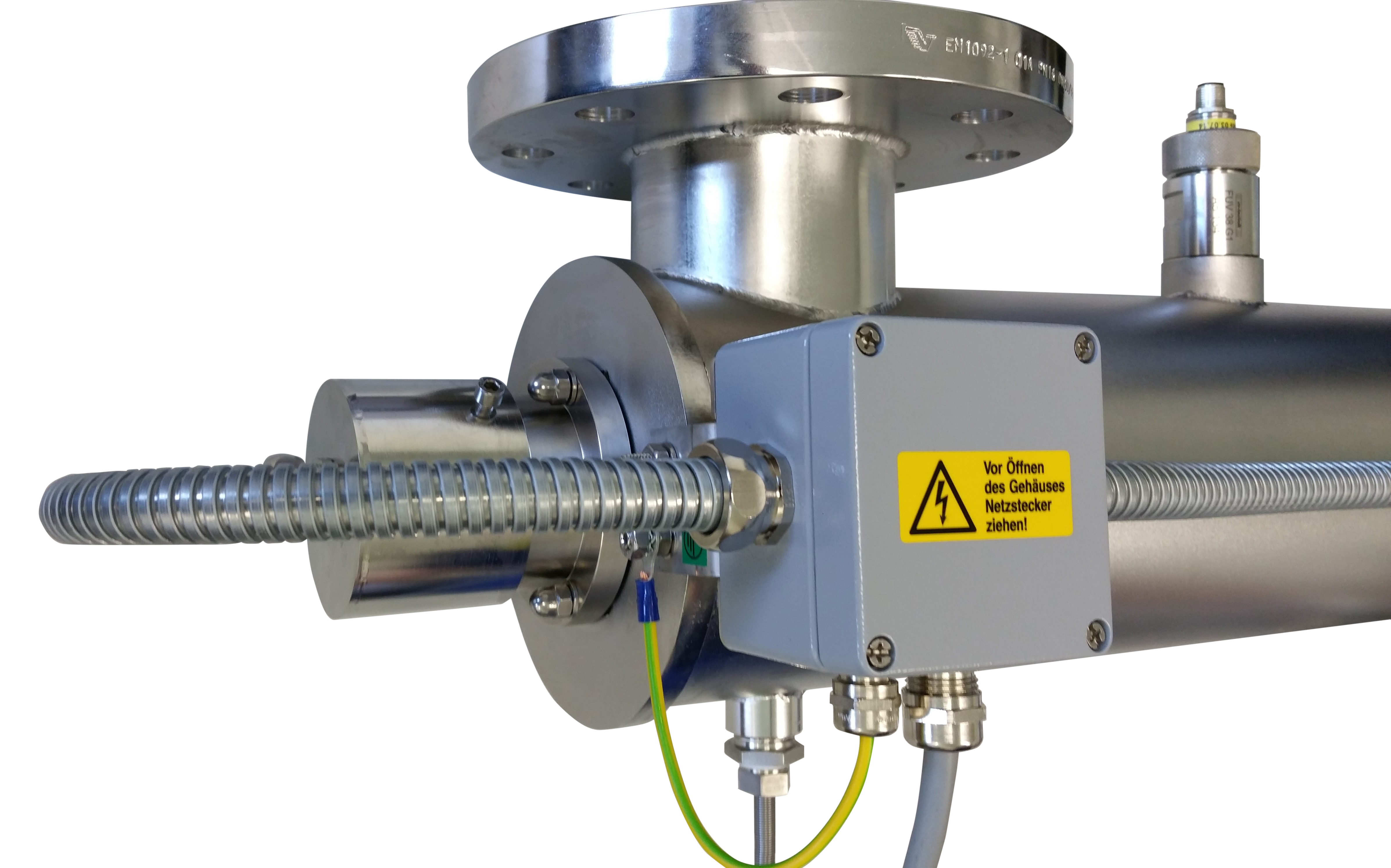 UVprofessional Pool Mitteldruckanlage 42 m³/h, seitliche Ansicht, Edelstahlgehäuse mit Flanschanschlüssen, kompakte UV-C Desinfektionsanlage, Poolwasser-Desinfektion mit Mitteldruckstrahler