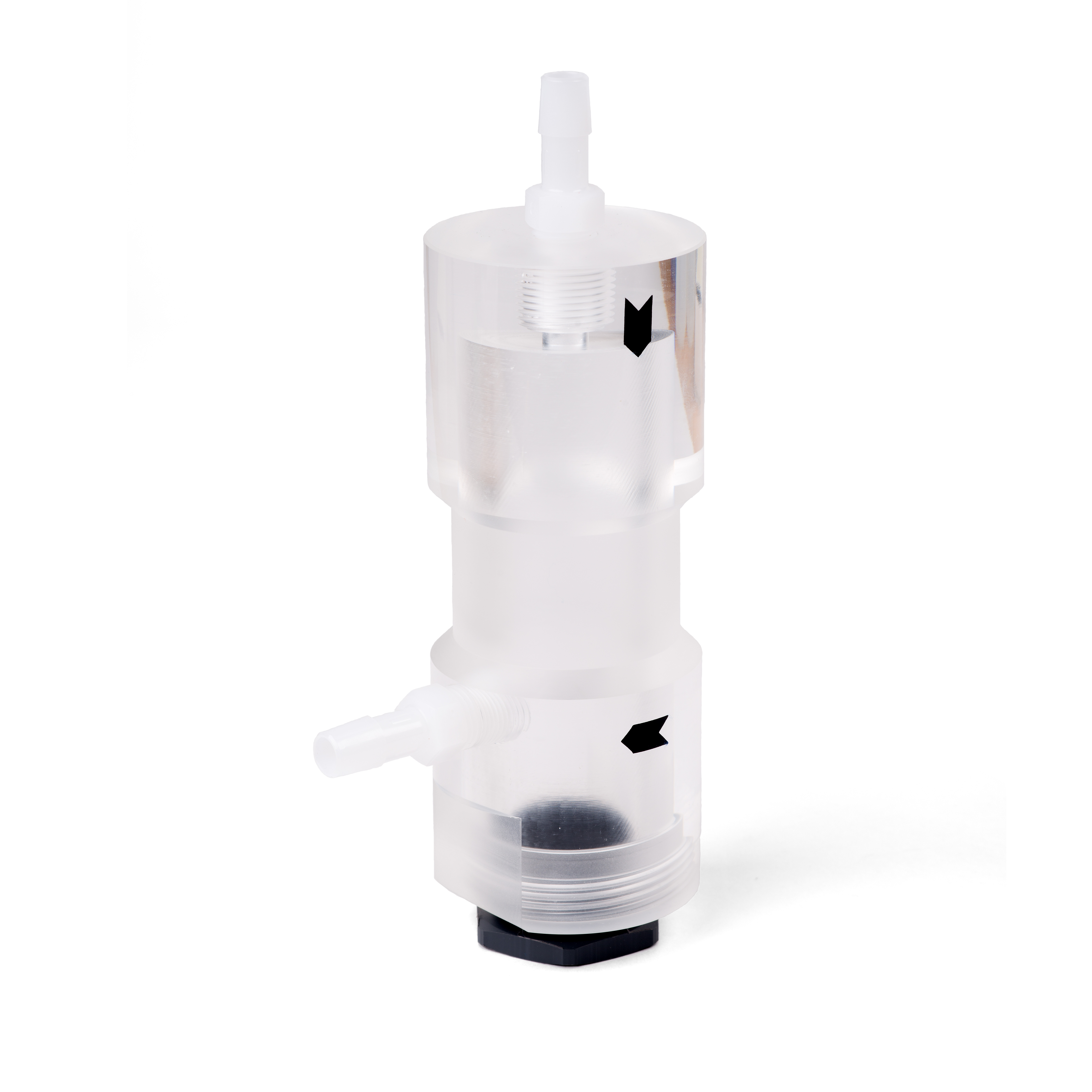 Select Durchflusszelle für Freies Chlor und Chlordioxid Sensoren Select Durchflusszelle, Vorderansicht mit Klarglasfenster, laminare Strömung sichtbar, Sensorhalterung integriert, luftblasenfreie Messkammer