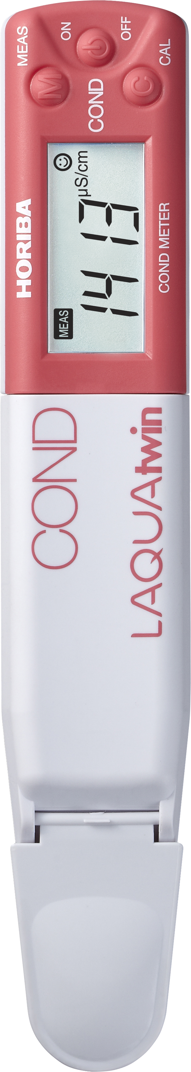 Horiba LAQUAtwin EC 22 Tester geschlossen, kompakte Schutzklappe, robustes Gehäuse, Display zeigt Messwert an