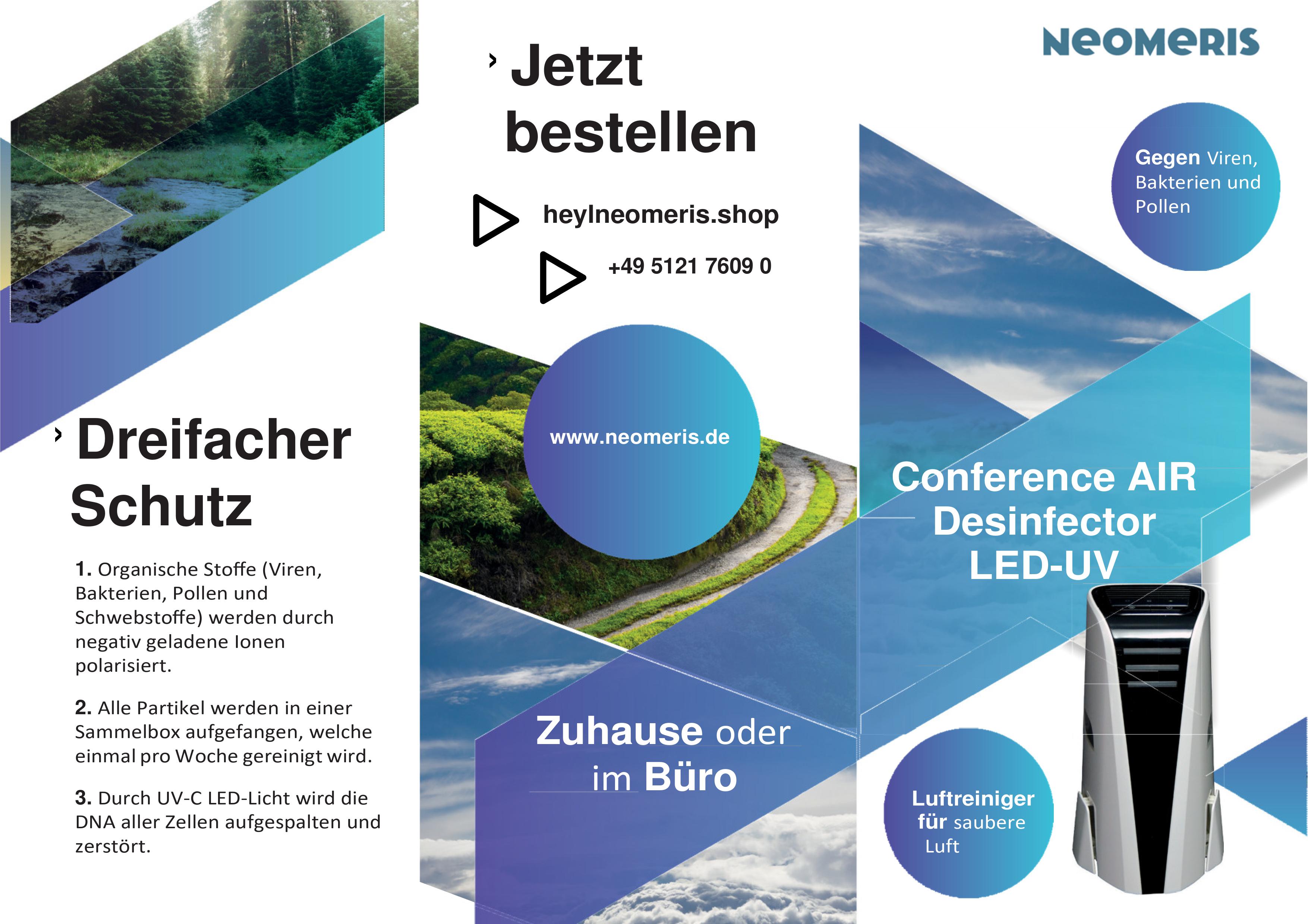 Broschüre benennt dreifachen Schutz durch das Gerät. Unter anderem wird durch UV-C-Licht die DNA aller Zellen aufgespalten und zerstört.