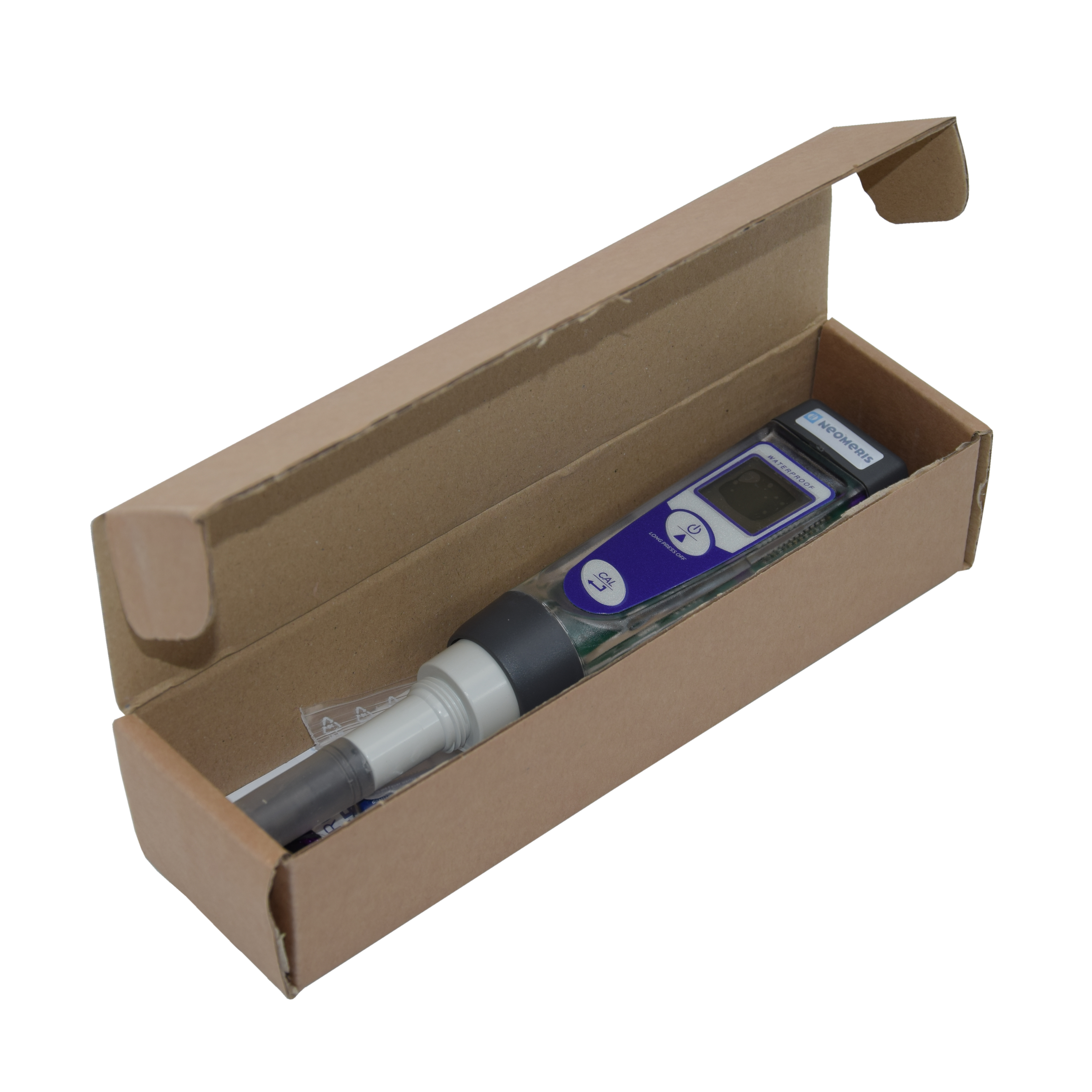 Neomeris Tester Liegendansicht Gehäuse und LCD klar erkennbar, Produkt befindet sich in einem Karton