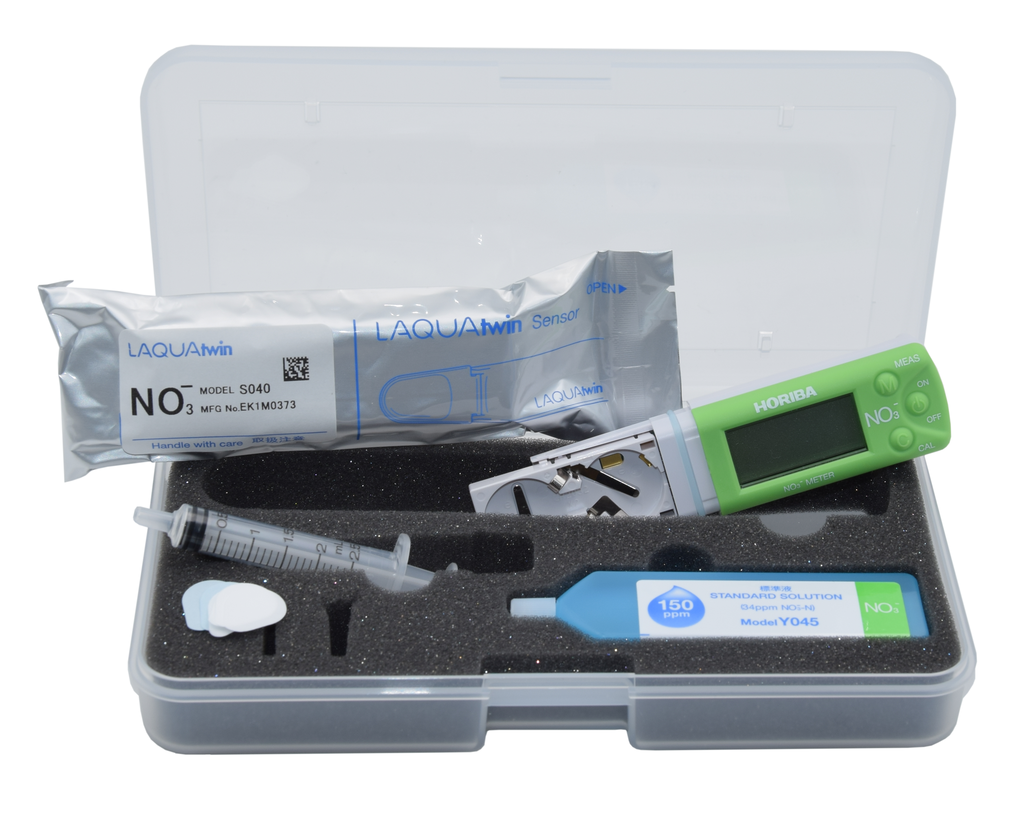 Horiba NO3 11 tester with accessories clearly displayed, case opened and calibration solutions included, complete set for nitrate measurement, ready for transport.