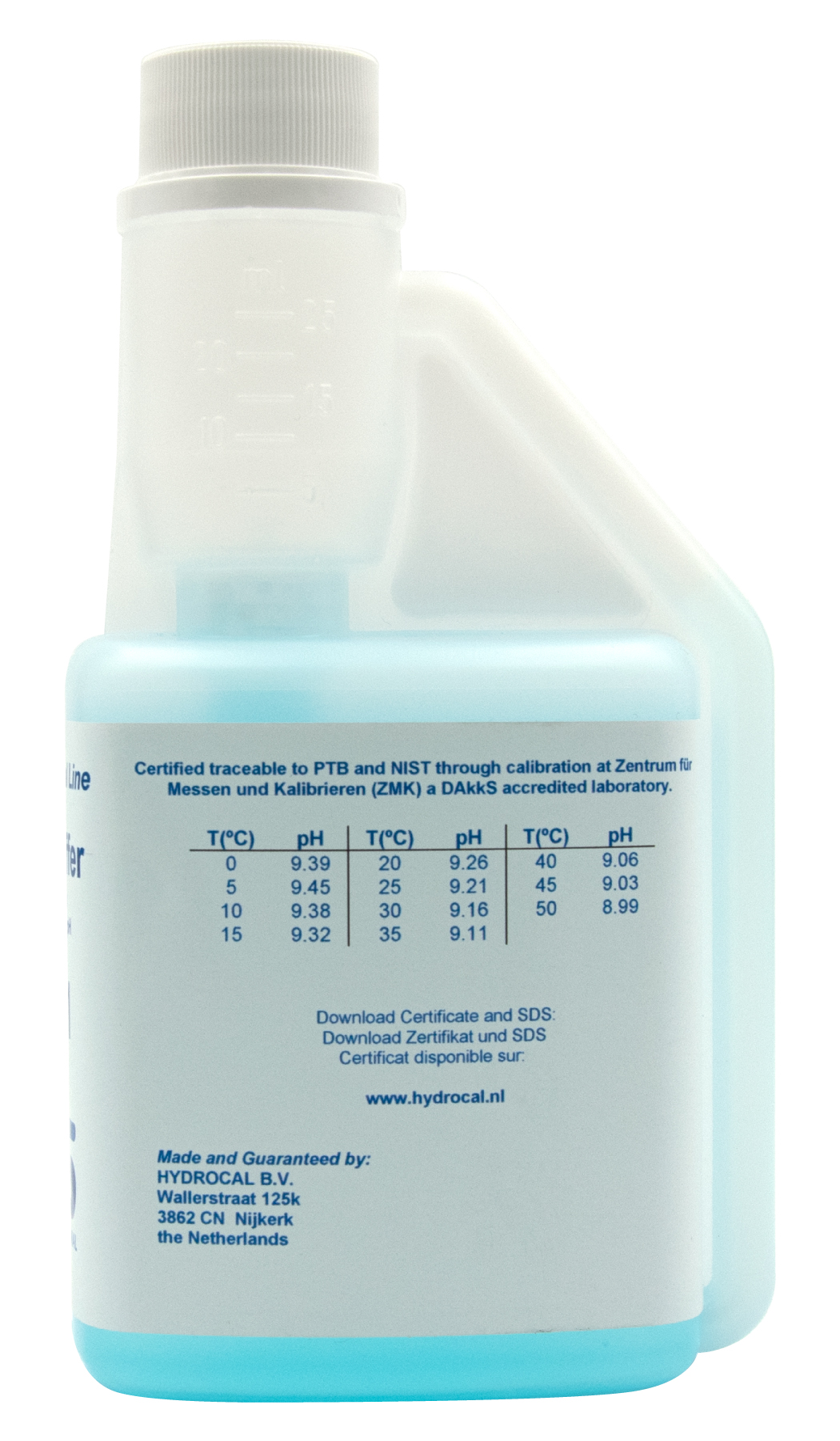 pH 9.21 (±0,01pH @25°C) - 250ml pH Pufferlösung  in türkis, hintere Ansicht 