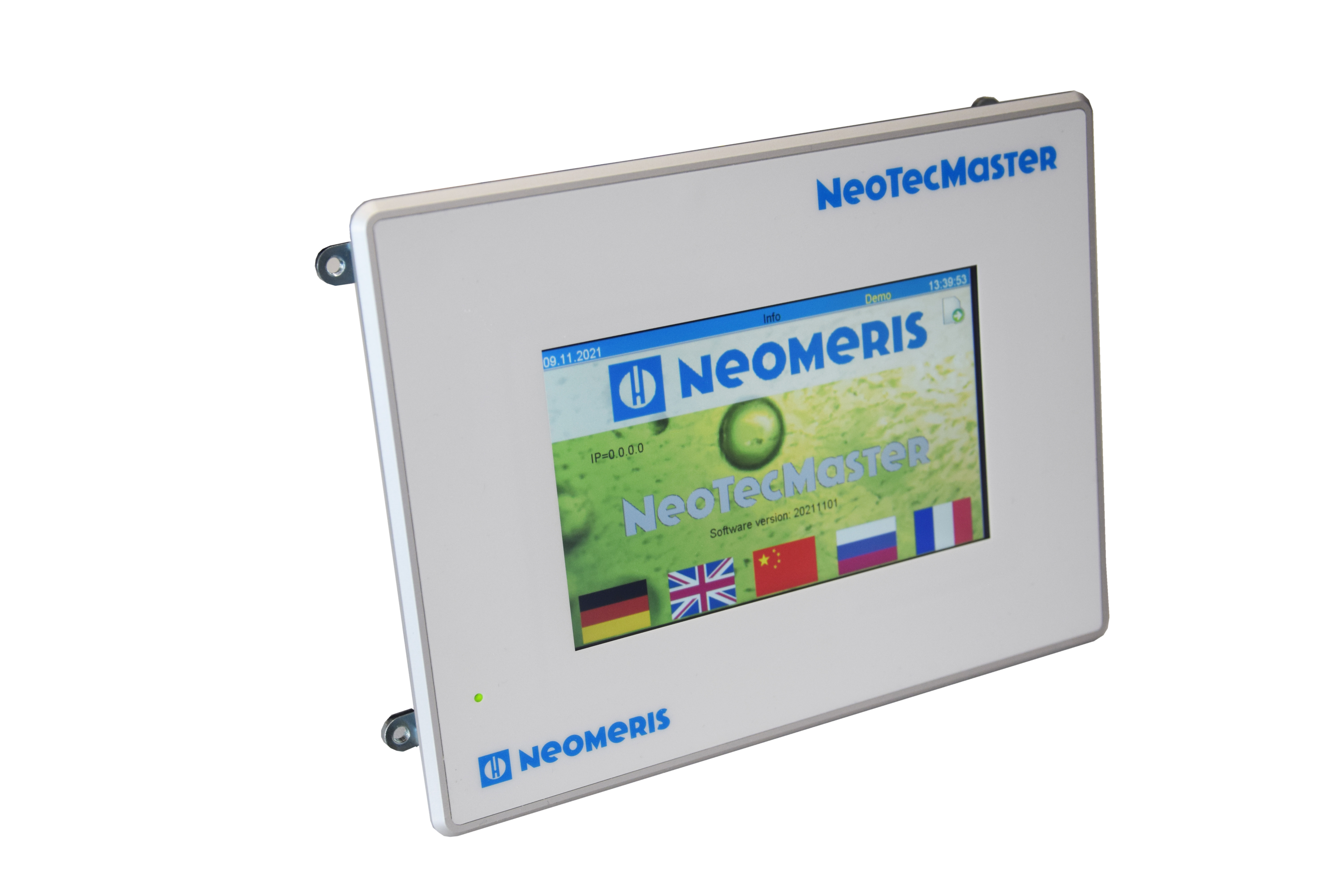 NeoTecMaster® 5 Zoll seitliche Frontansicht, Startdisplay aktiv, integrierte Modbus RTU, Bedienfreundliches UI, Signaleingang sichtbar