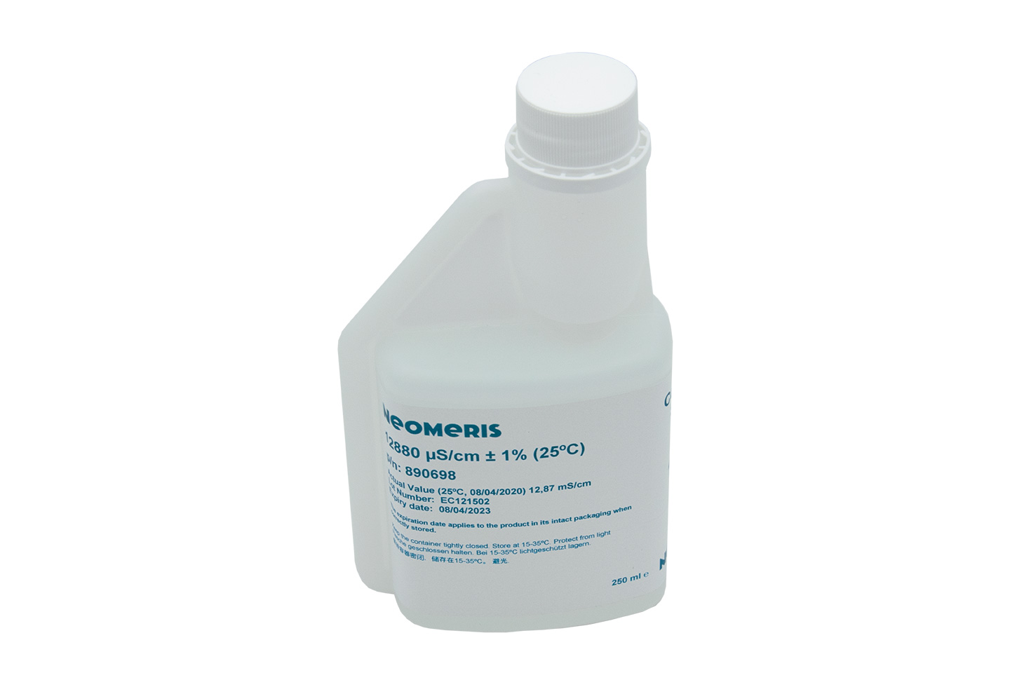 Leitfähigkeitskalibrierlösung, weiße Kunststoffflasche mit blauem Etikett, Frontansicht, 250ml, Hygieneverschluss schützt vor Verunreinigung, praktische Dosierflasche, Kalibrierlösung für Elektroden, handliche Form, sichere Anwendung
