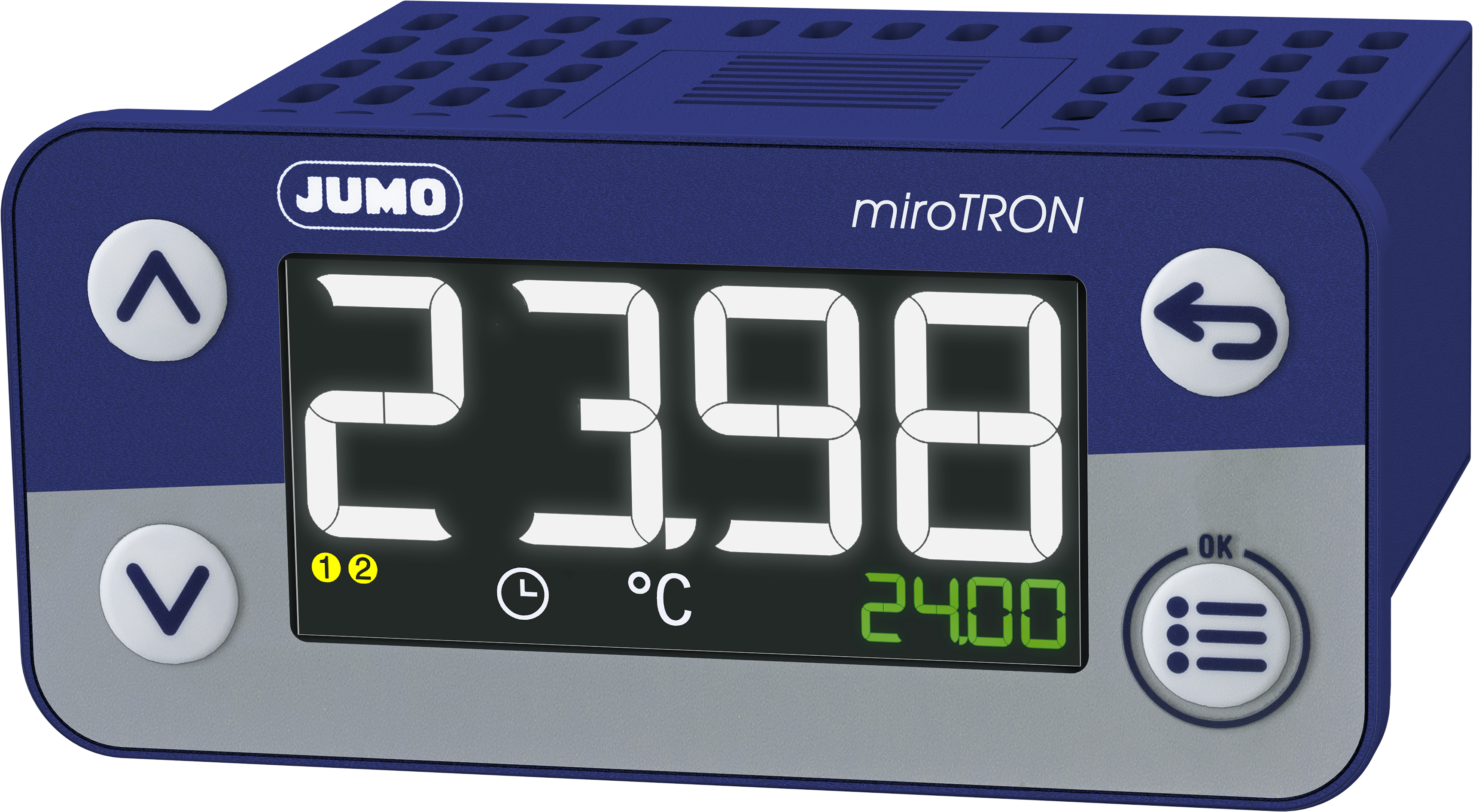 JUMO miroTRON mit 2 Relais, Frontansicht mit zwei 18-Segment-LCD-Anzeigen, Folientastatur mit 4 Tasten, elektronischer Thermostat, PID-Zweipunktregler-Option