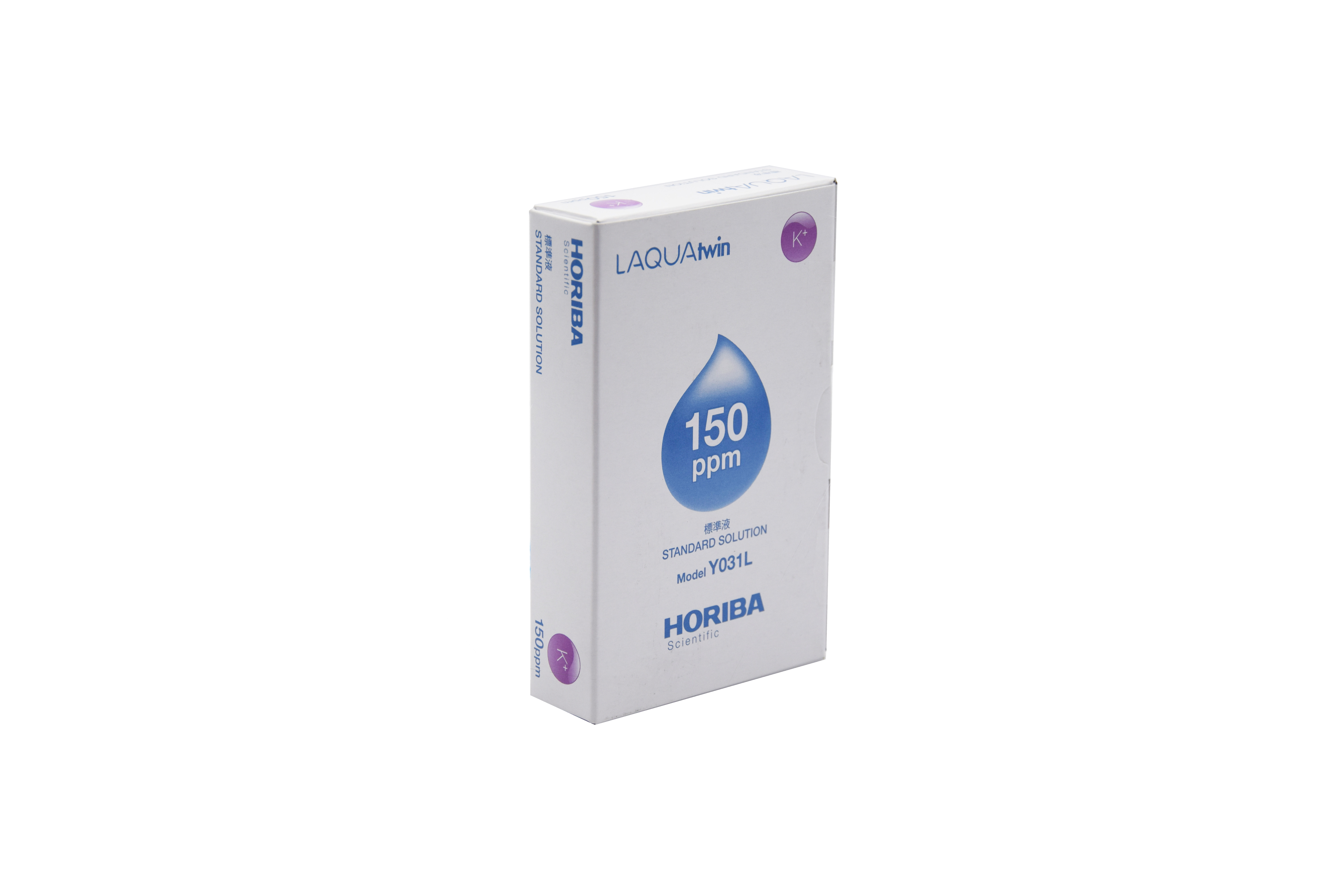 Potassium Ion Standard Solution 150ppm by HORIBA, sealed packaging shown from the front