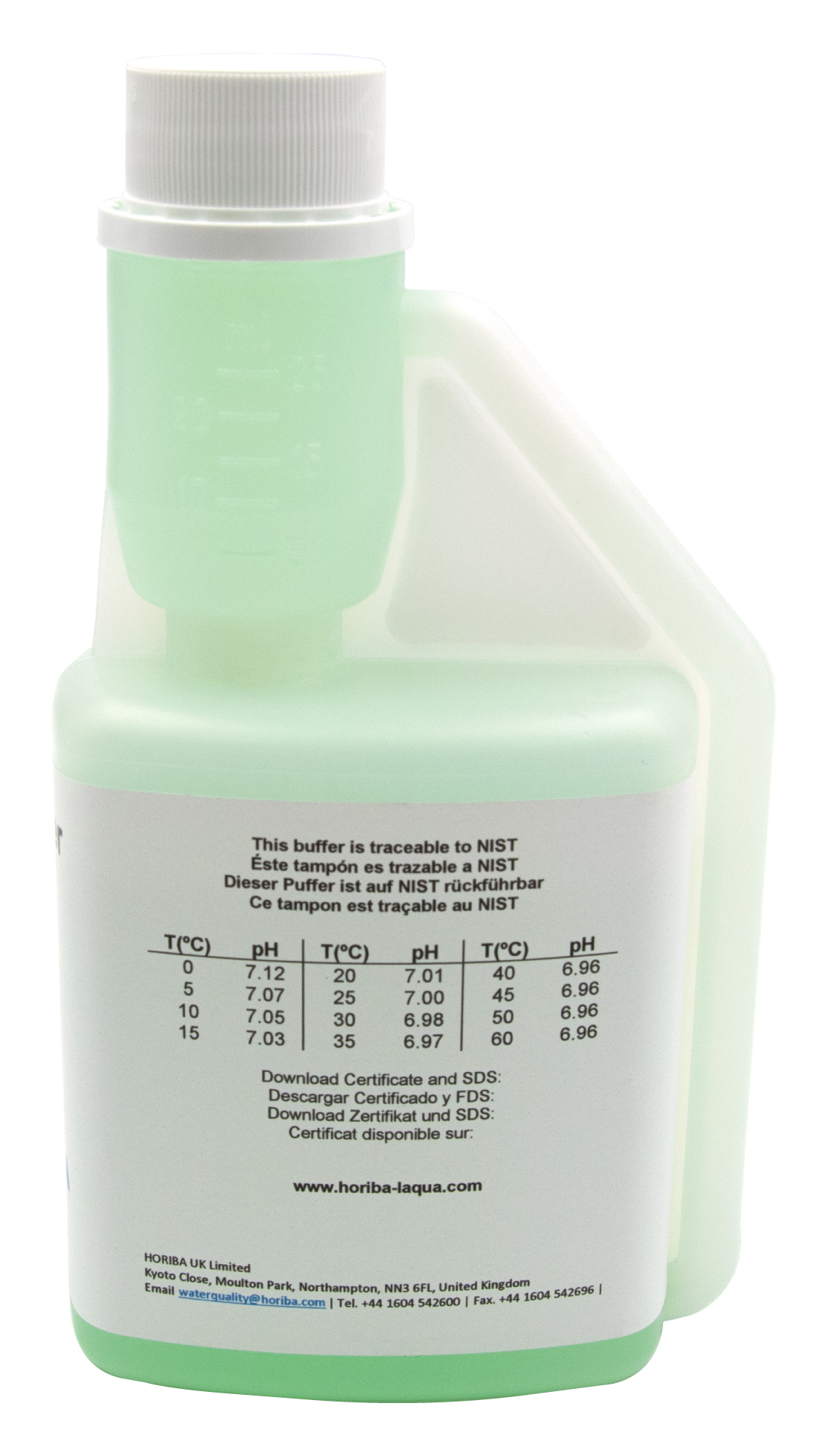 HORIBA pH 7.00 Pufferlösung Rückseite, Tabelle mit pH-Werten bei verschiedenen Temperaturen